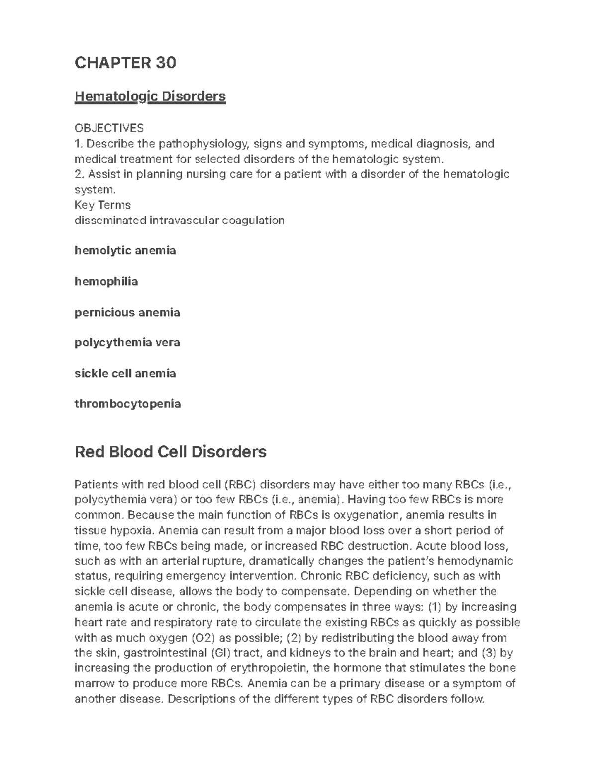 CHAPTER 30: Hematologic Disorders - Overview and Nursing Care - Studocu