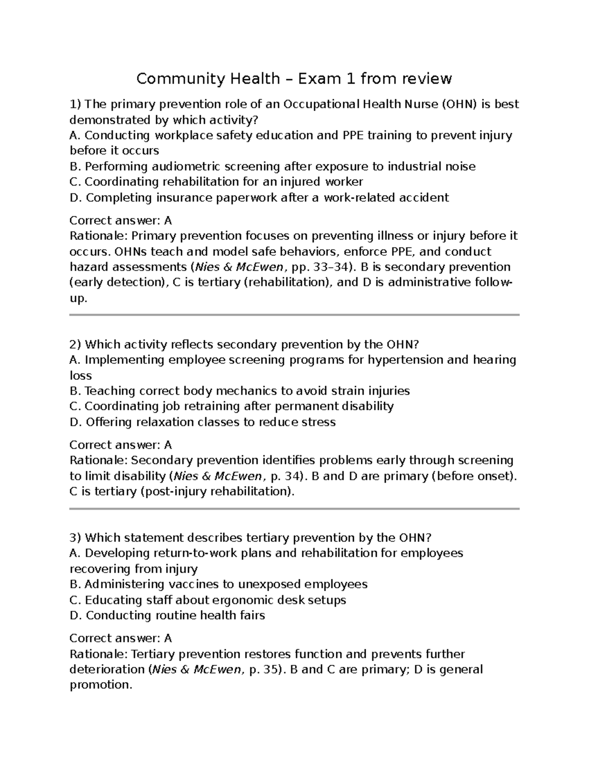 Community Health Exam 1 Practice - Study Guide Review - Studocu