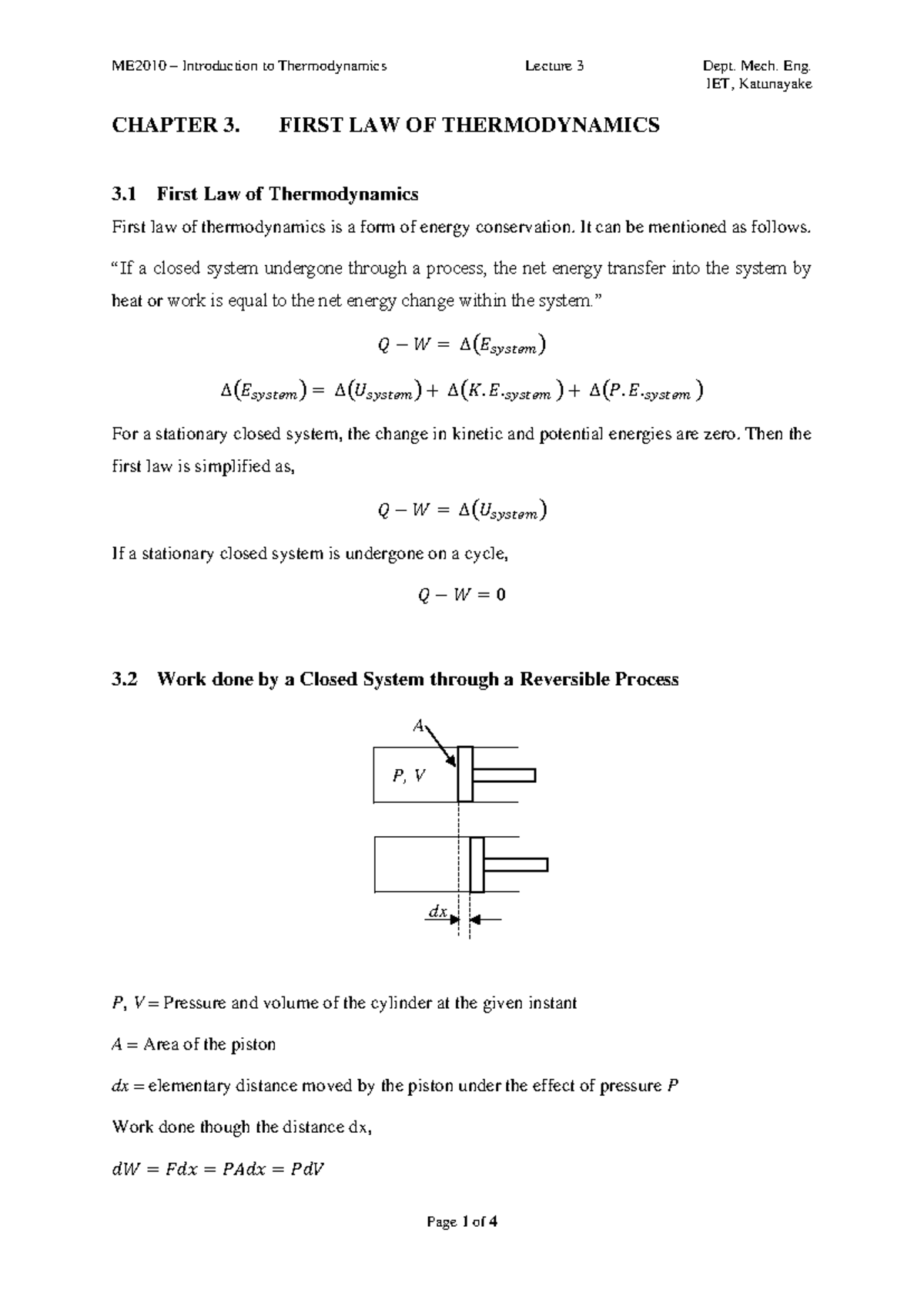 ME2010 - Lecture 3: First Law of Thermodynamics Overview - Studocu