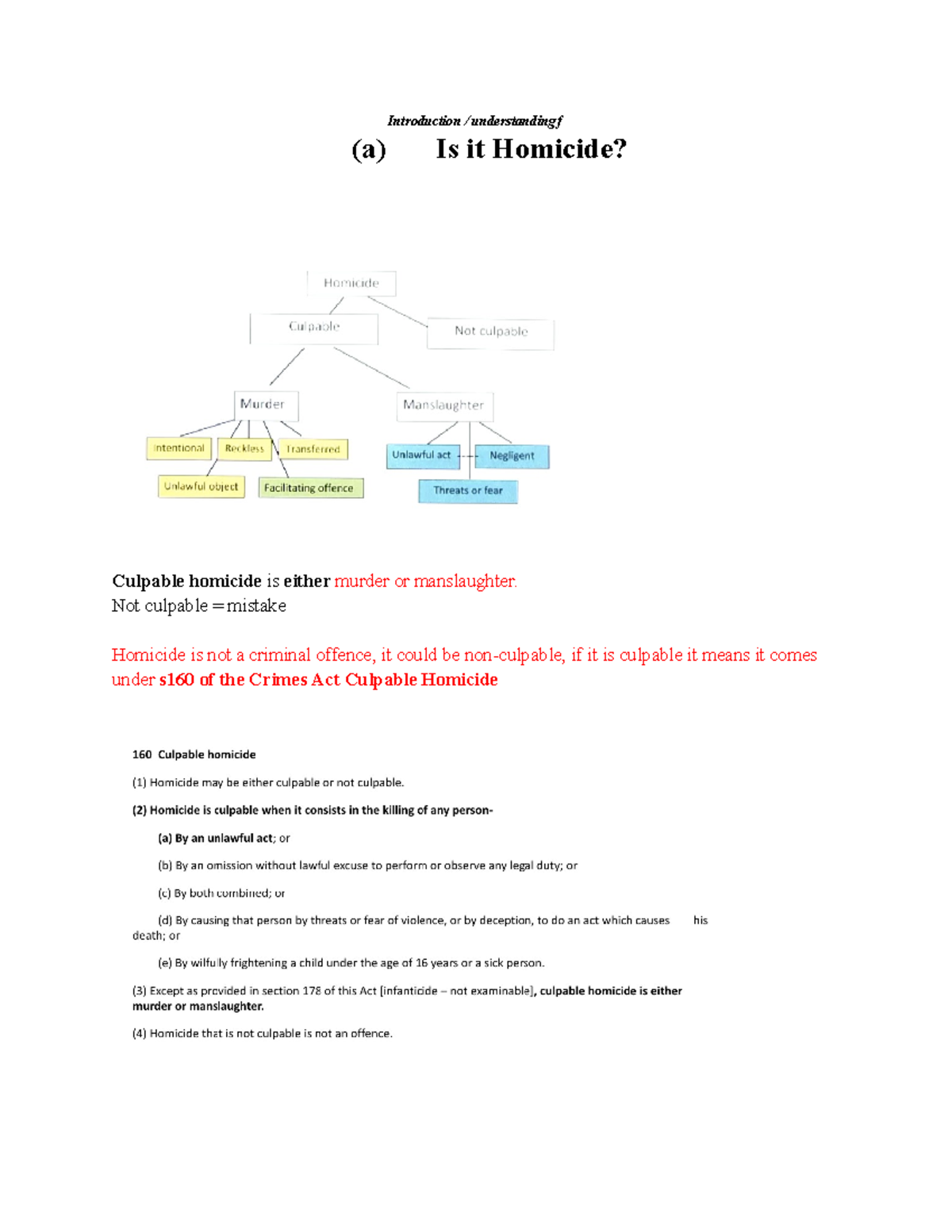 LAWS201 Homicide Notes - Introduction / understandingƒ (a) Is it ...