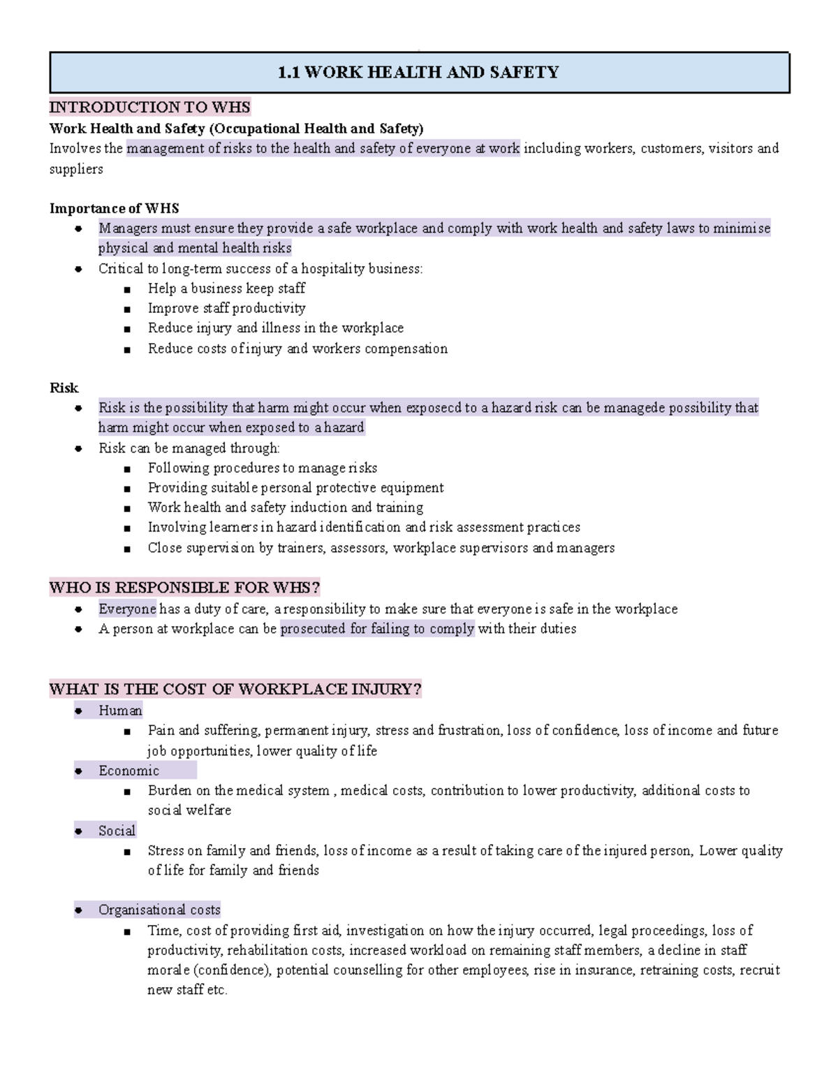 1.1 Introduction to Work Health and Safety (WHS) Principles - Studocu
