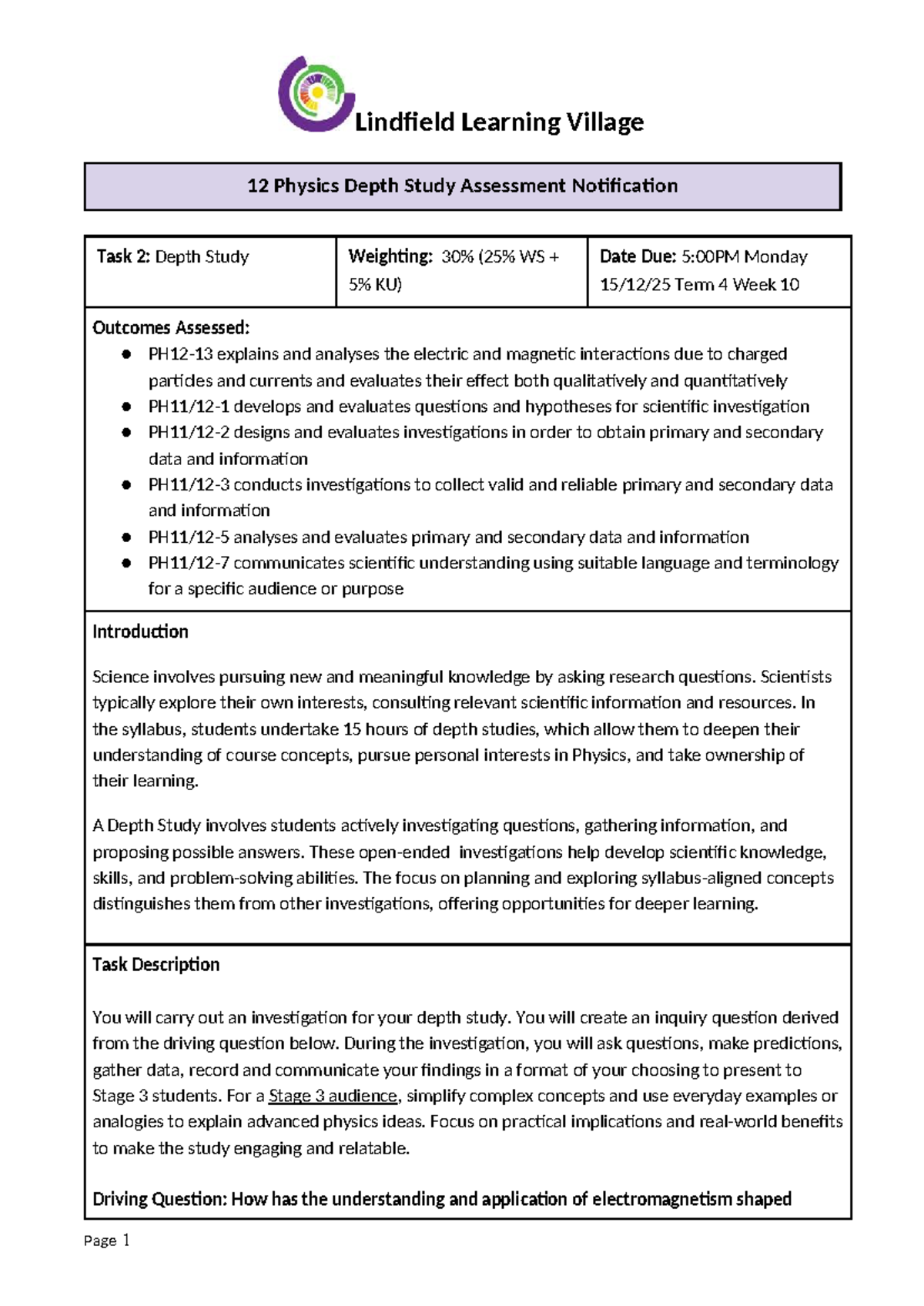 Yr 12 Physics Depth Study 2026 Assessment Notification - Studocu