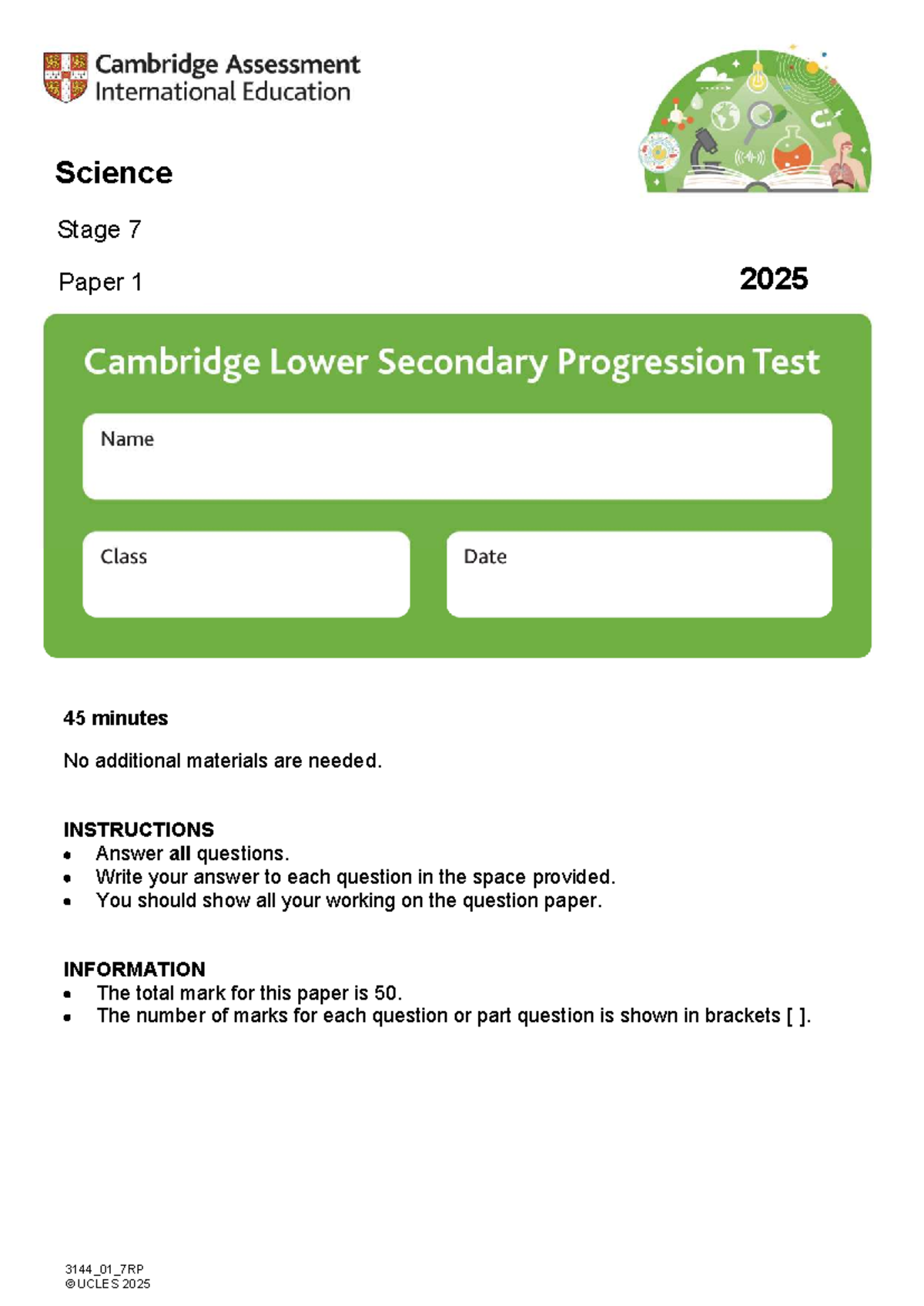 Progression Test Stage 7 Science 2025 Paper 1 - Studocu