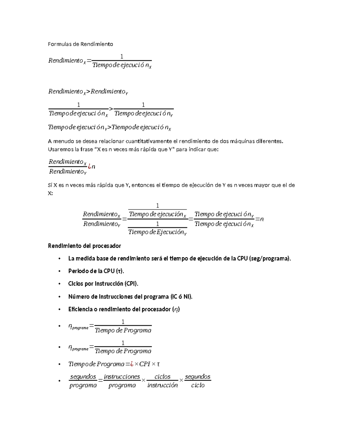 Formulas de Rendimiento del Procesador y Eficiencia - Curso X - Studocu