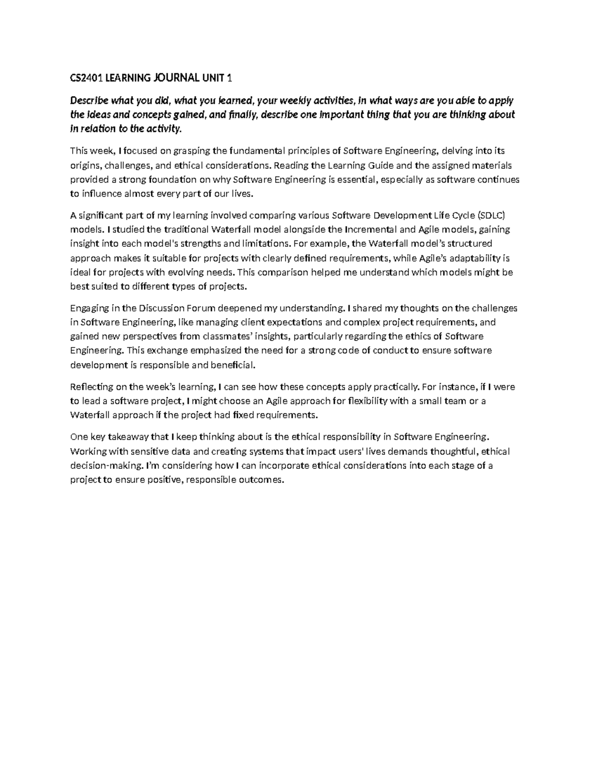 LEARNING JOURNAL UNIT 1.docx - CS2401 LEARNING JOURNAL UNIT 1 Describe ...