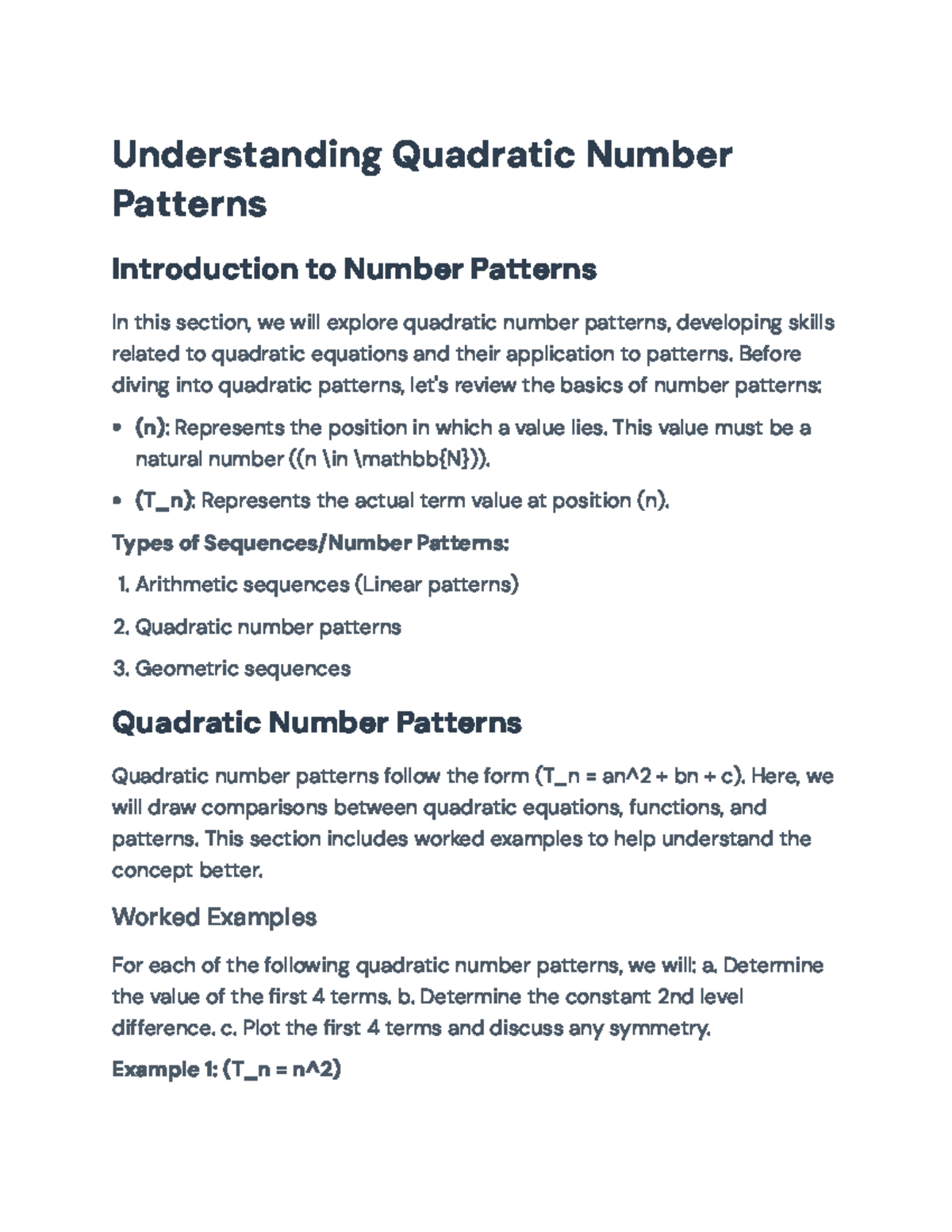 Understanding Quadratic Number Patterns - Concepts and Exercises ...