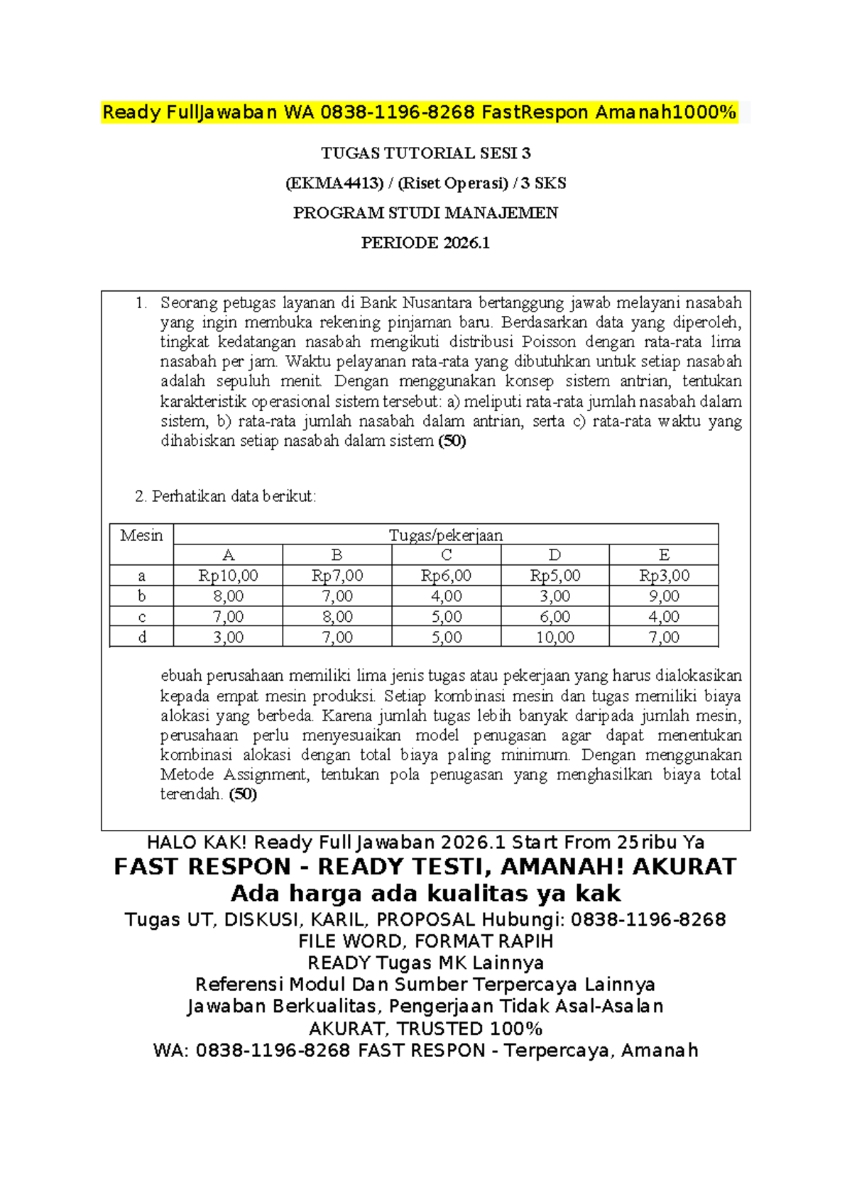 Distribusi Poisson dan Metode Assignment (EKMA4413) TUGAS TUTORIAL 2026 ...