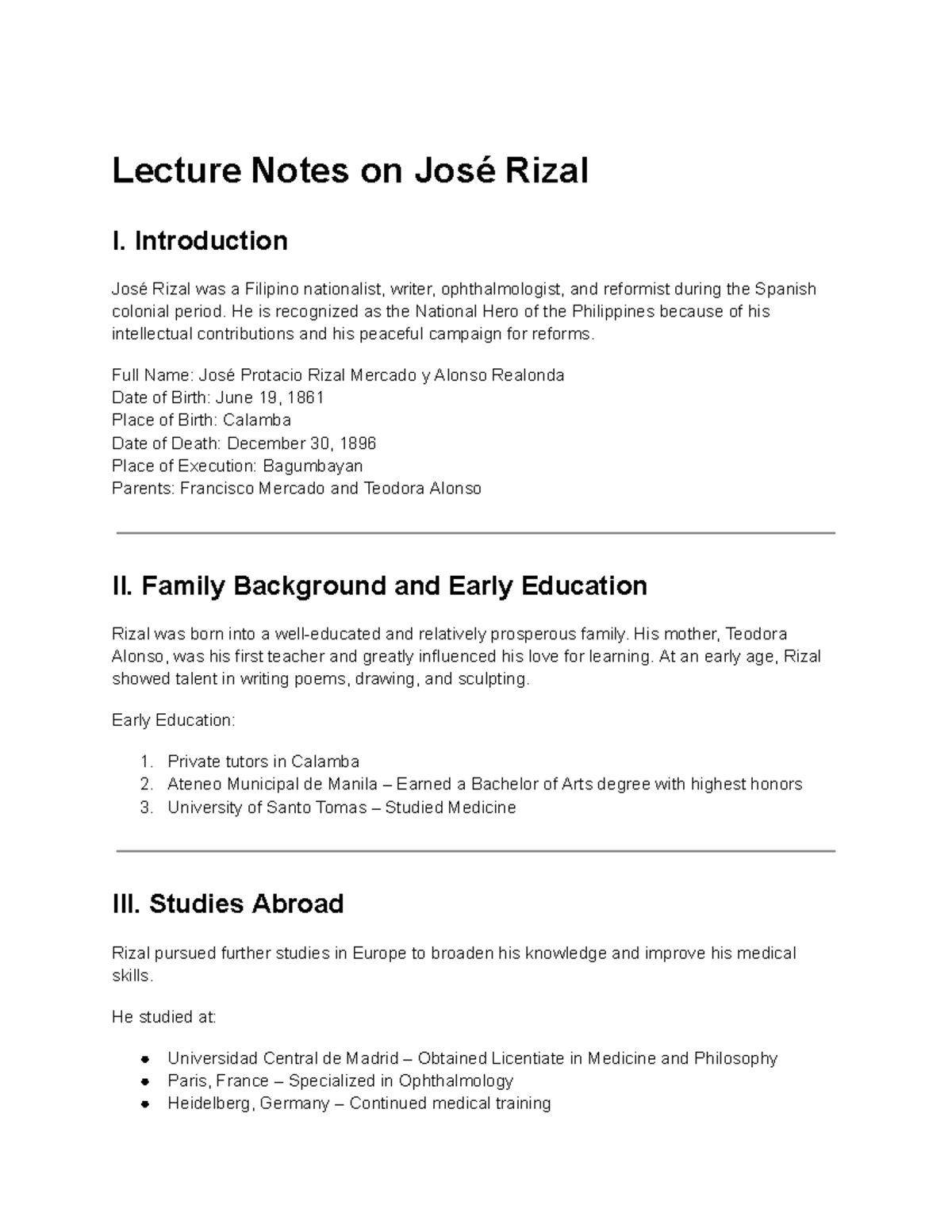 Lecture Notes on José Rizal: Life, Works, and Legacy - Studocu