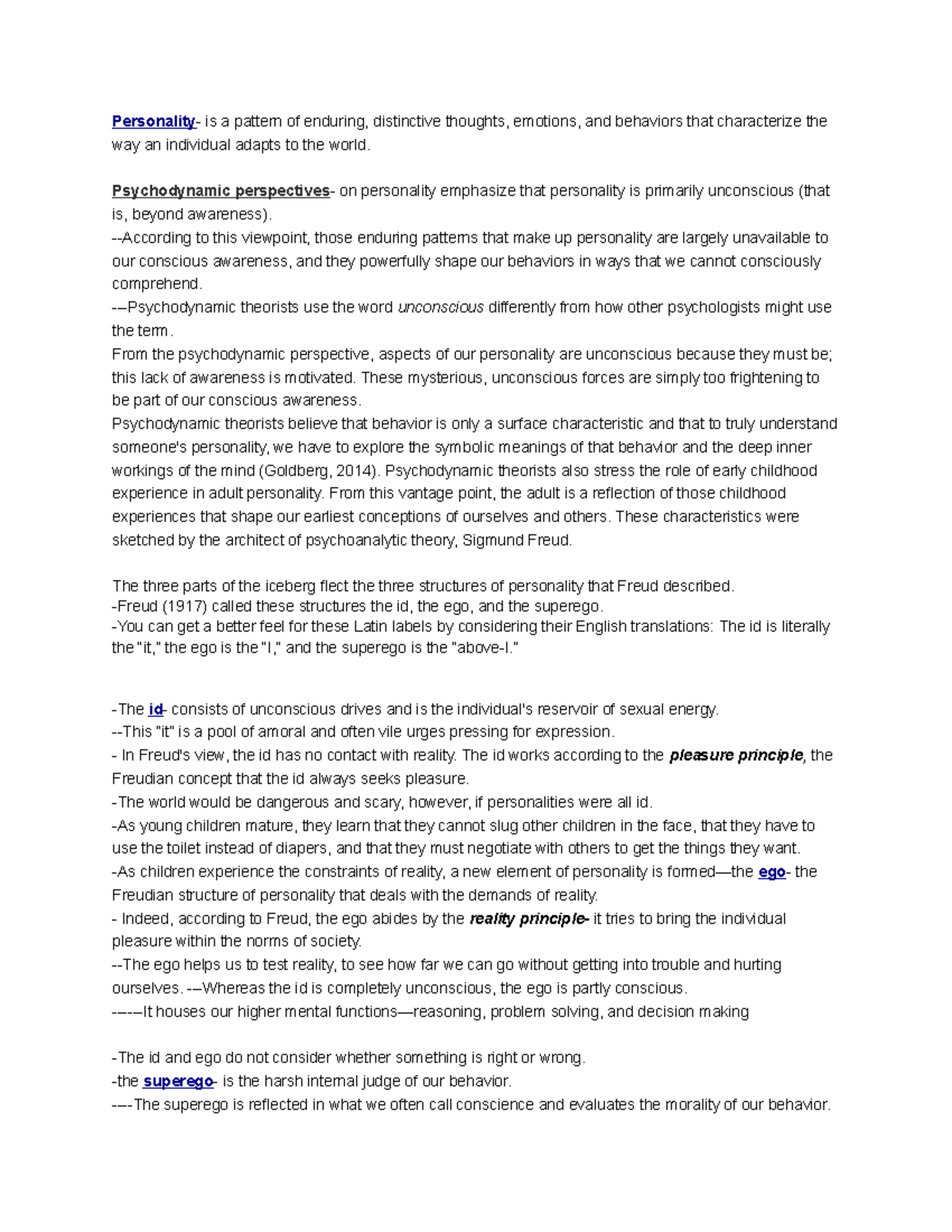 Chapter 10 Summary Notes: Psychodynamic Theory in Psychology - Studocu