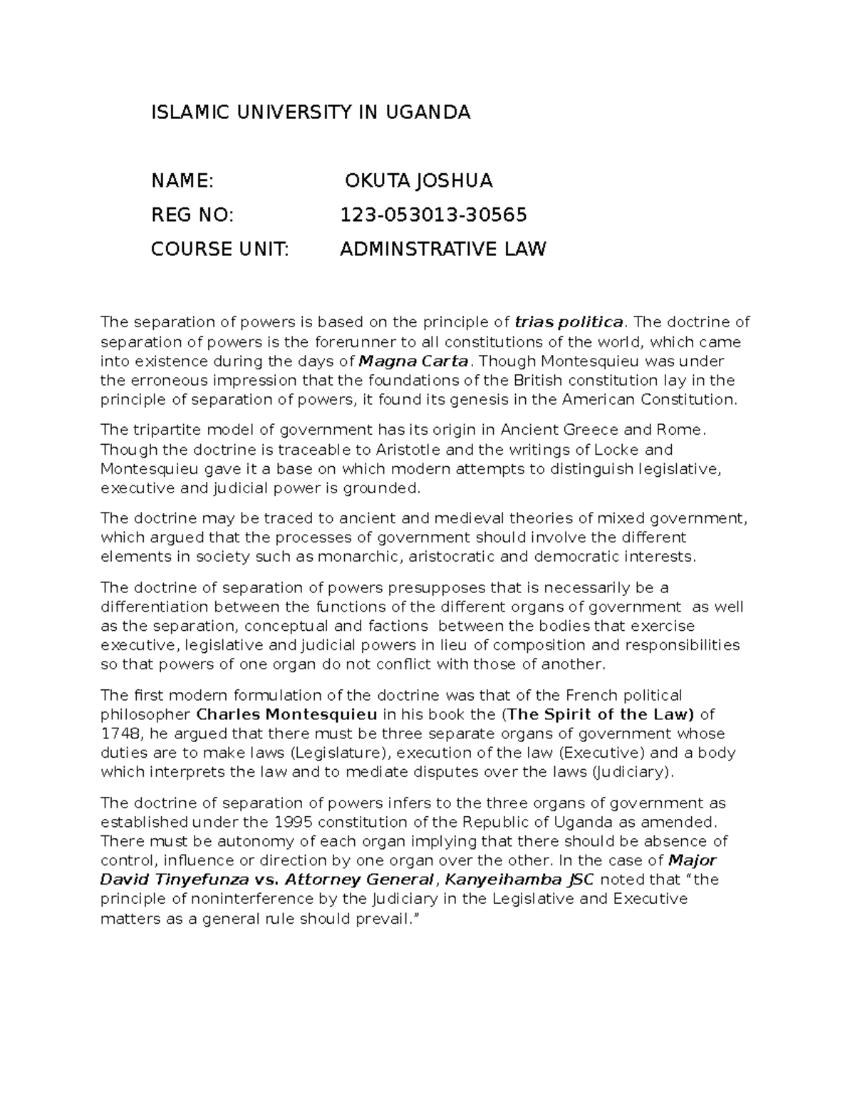 Joshua administrative law - ISLAMIC UNIVERSITY IN UGANDA NAME: OKUTA ...