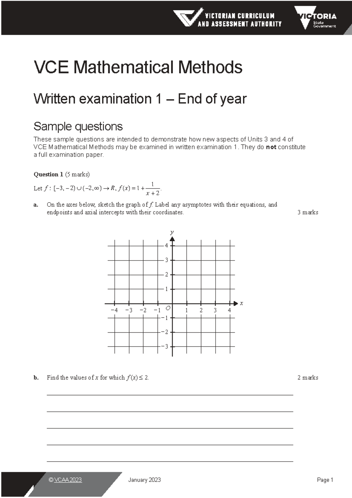 VCE Mathematical Methods Exam 1 Sample Questions and Solutions - Studocu
