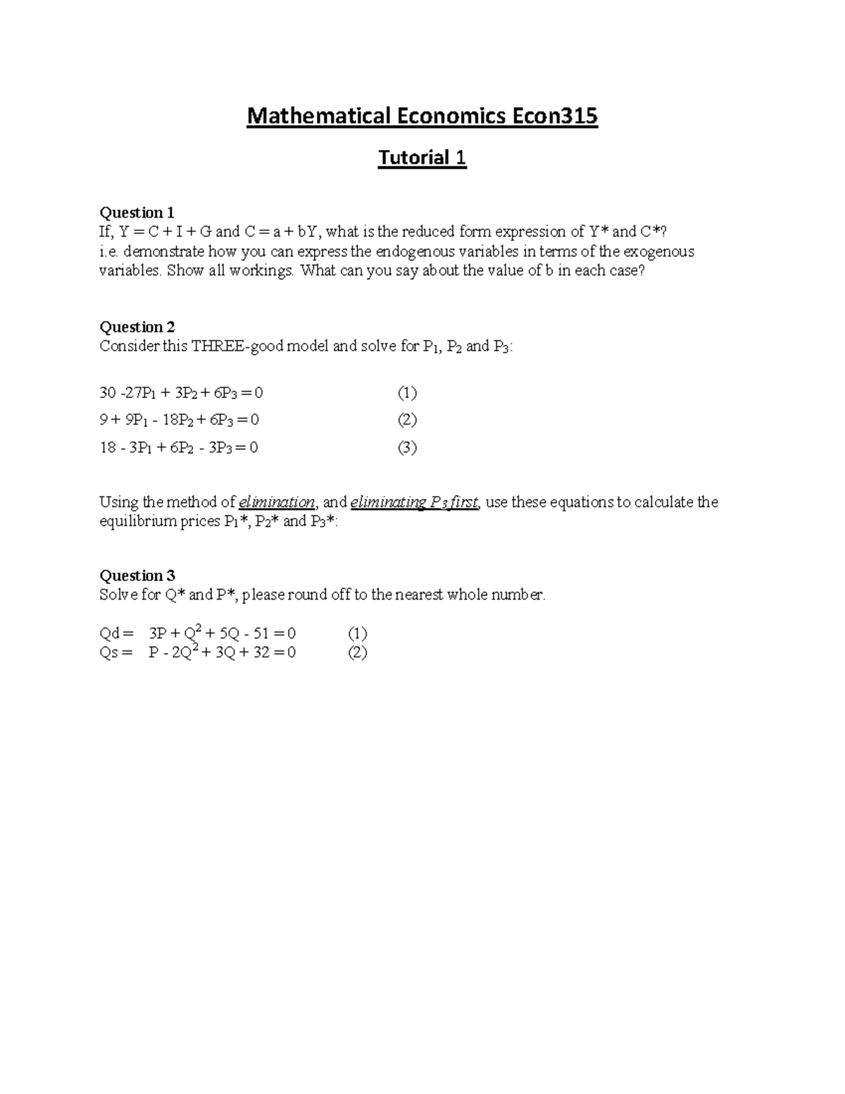 Econ315 Mathematical Economics Tutorial 1 Solutions - Studocu