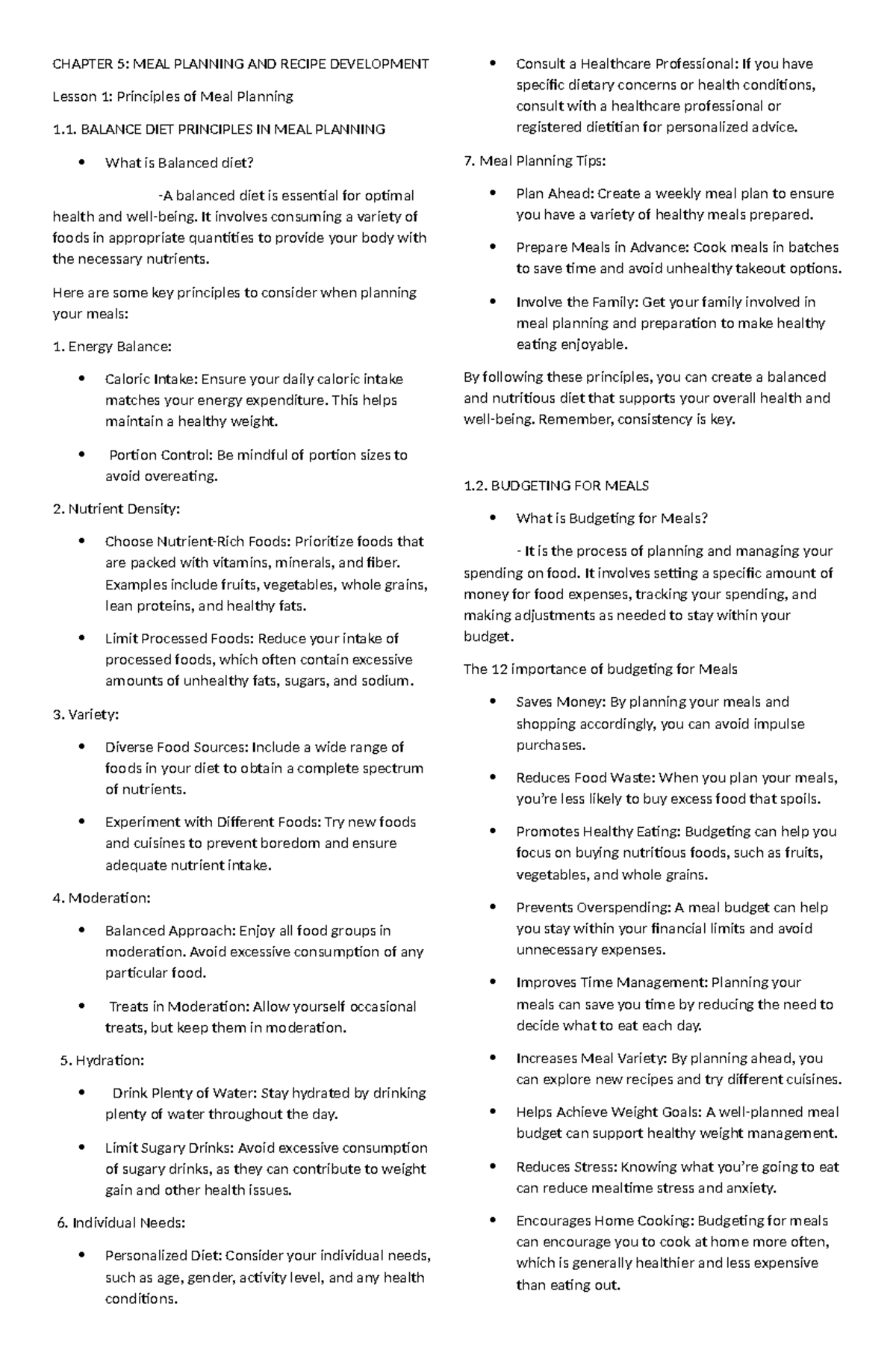 CHAPTER 5: MEAL PLANNING & RECIPE DEV. - Final Exam Notes - Studocu