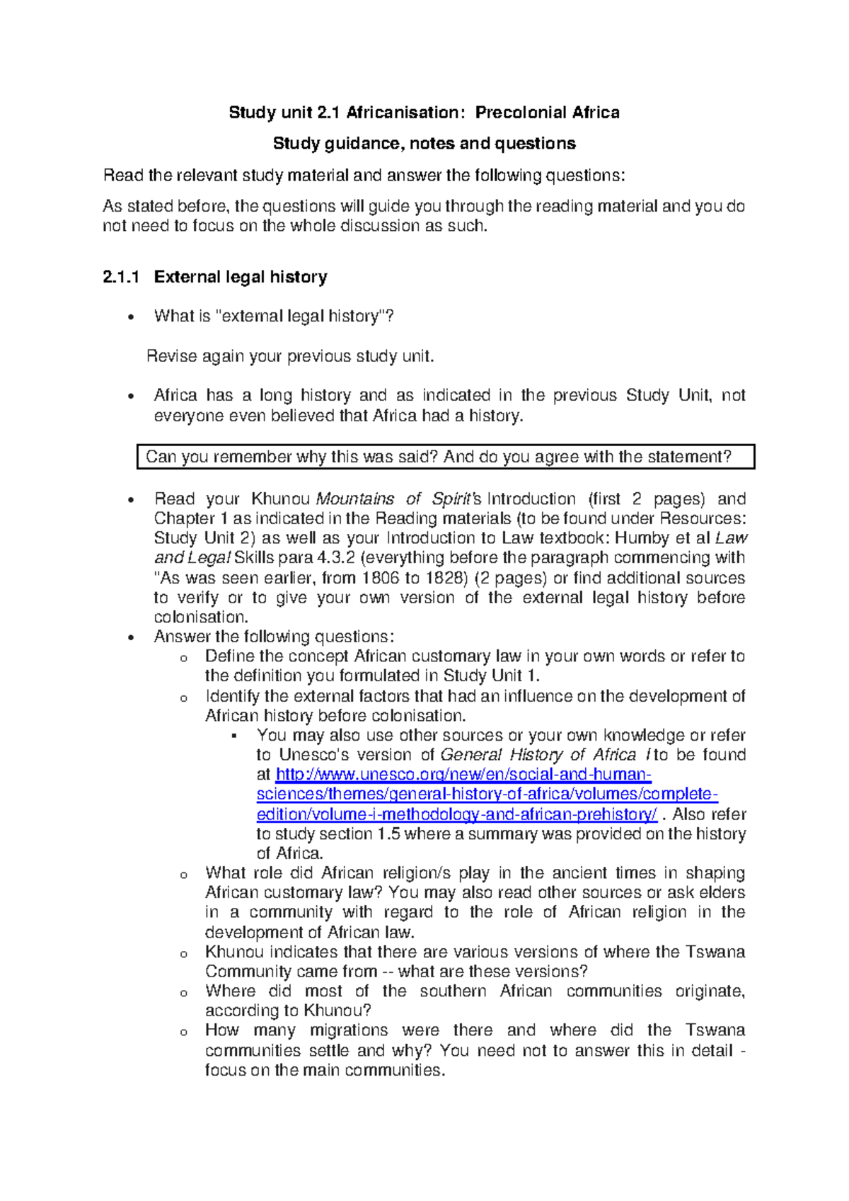 Study Unit 2.1: Africanisation & External Legal History in Precolonial ...