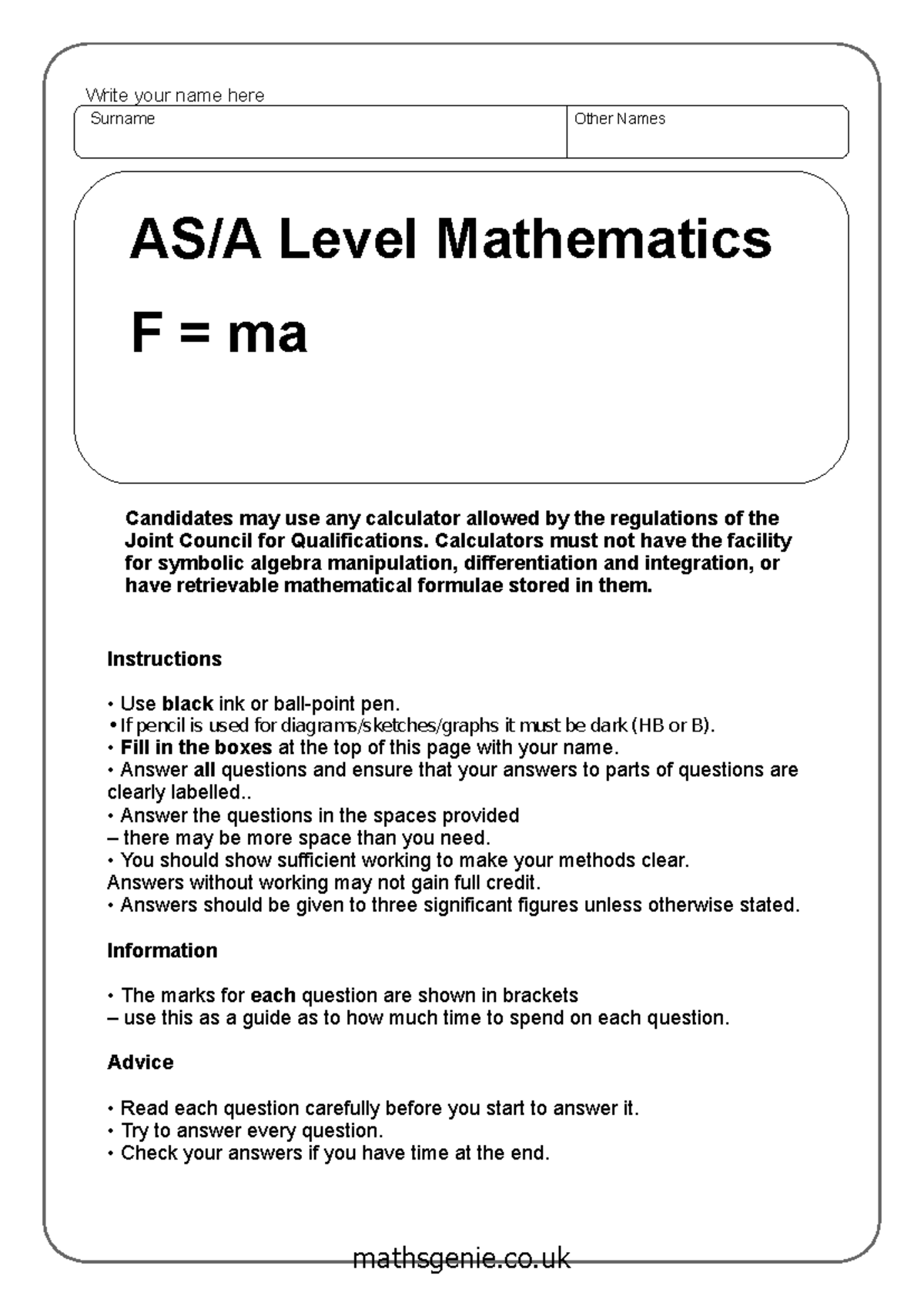 Math F MA Mechanics Practice Exam Questions