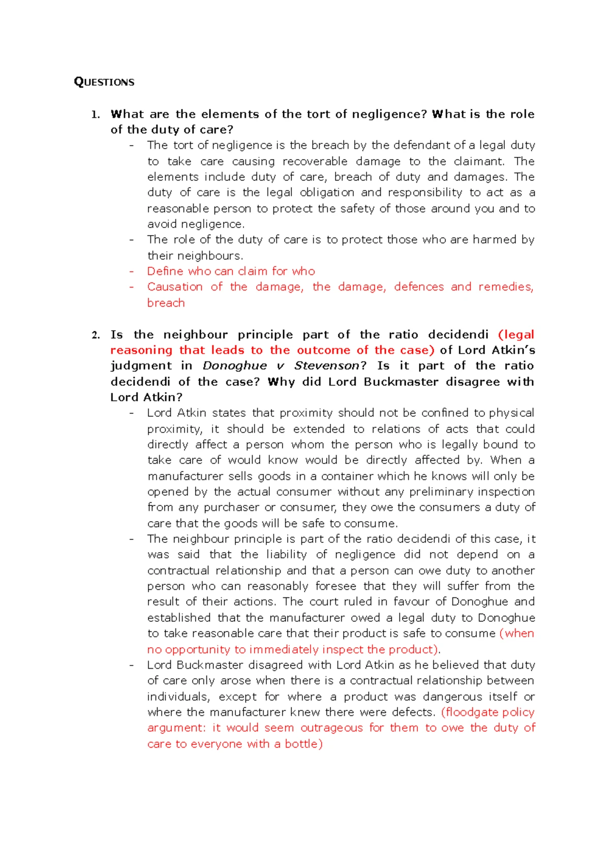 Tort Law Notes: Duty of Care Principles and Key Cases (LAW101) - Studocu