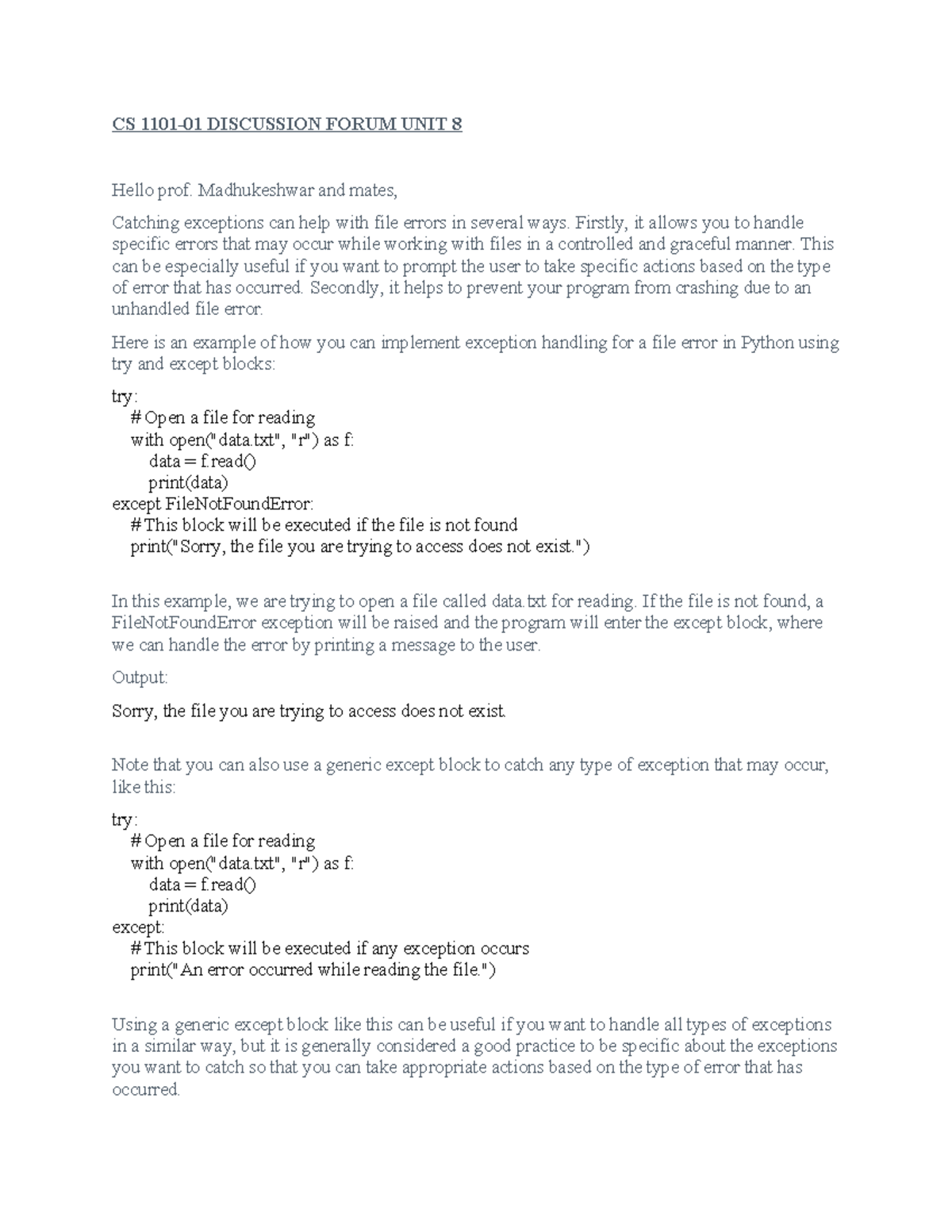 CS 1101-01 Discussion Forum on Exception Handling in Python - Studocu