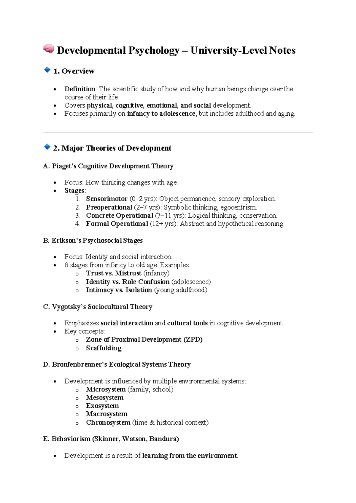 Dev Psych Notes: Key Theories & Concepts in Developmental Psychology ...