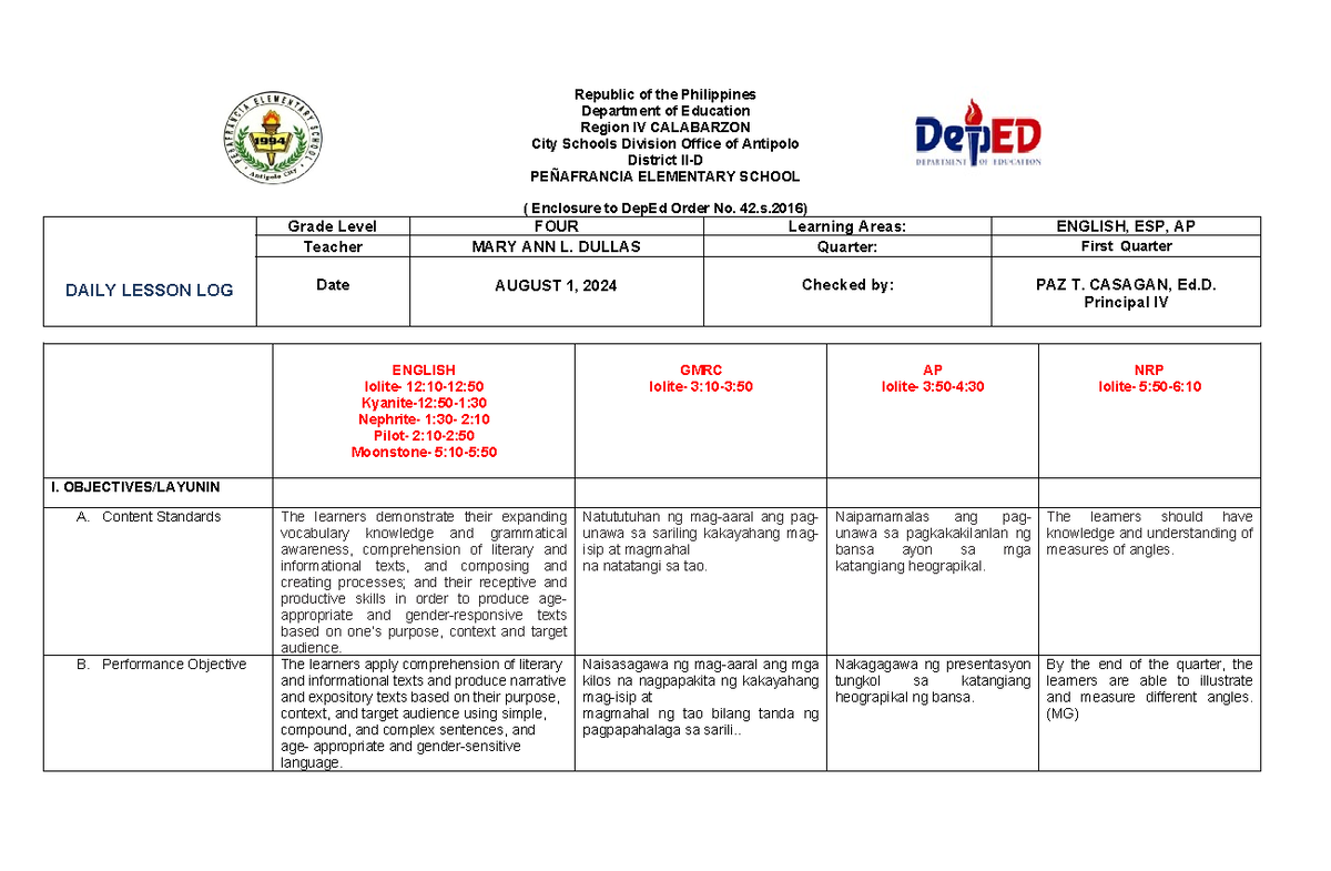 Daily Lesson Log for Grade 4: English, ESP, AP (August 1, 2024) - Studocu