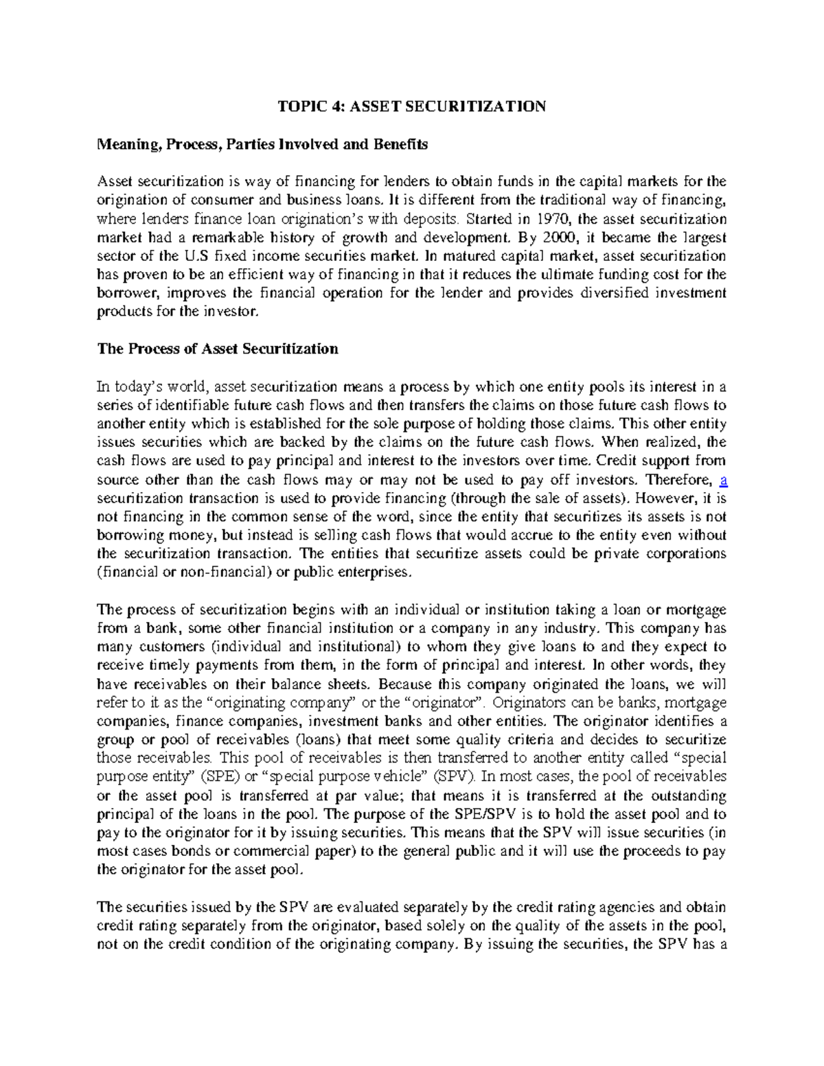 Asset Securitization (FIN 201) - Comprehensive Lecture Notes - Studocu