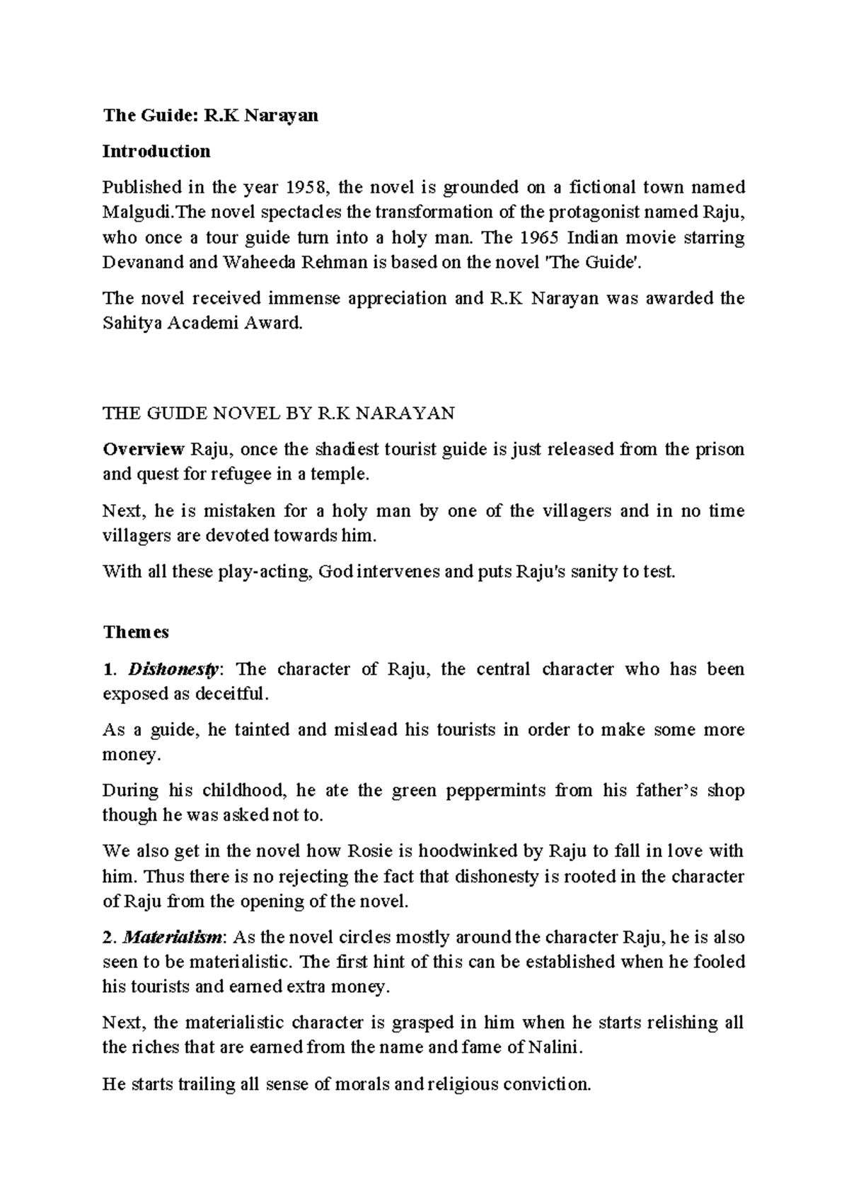 R.K. Narayan's The Guide: Themes, Characters & Modernity Insights - Studocu