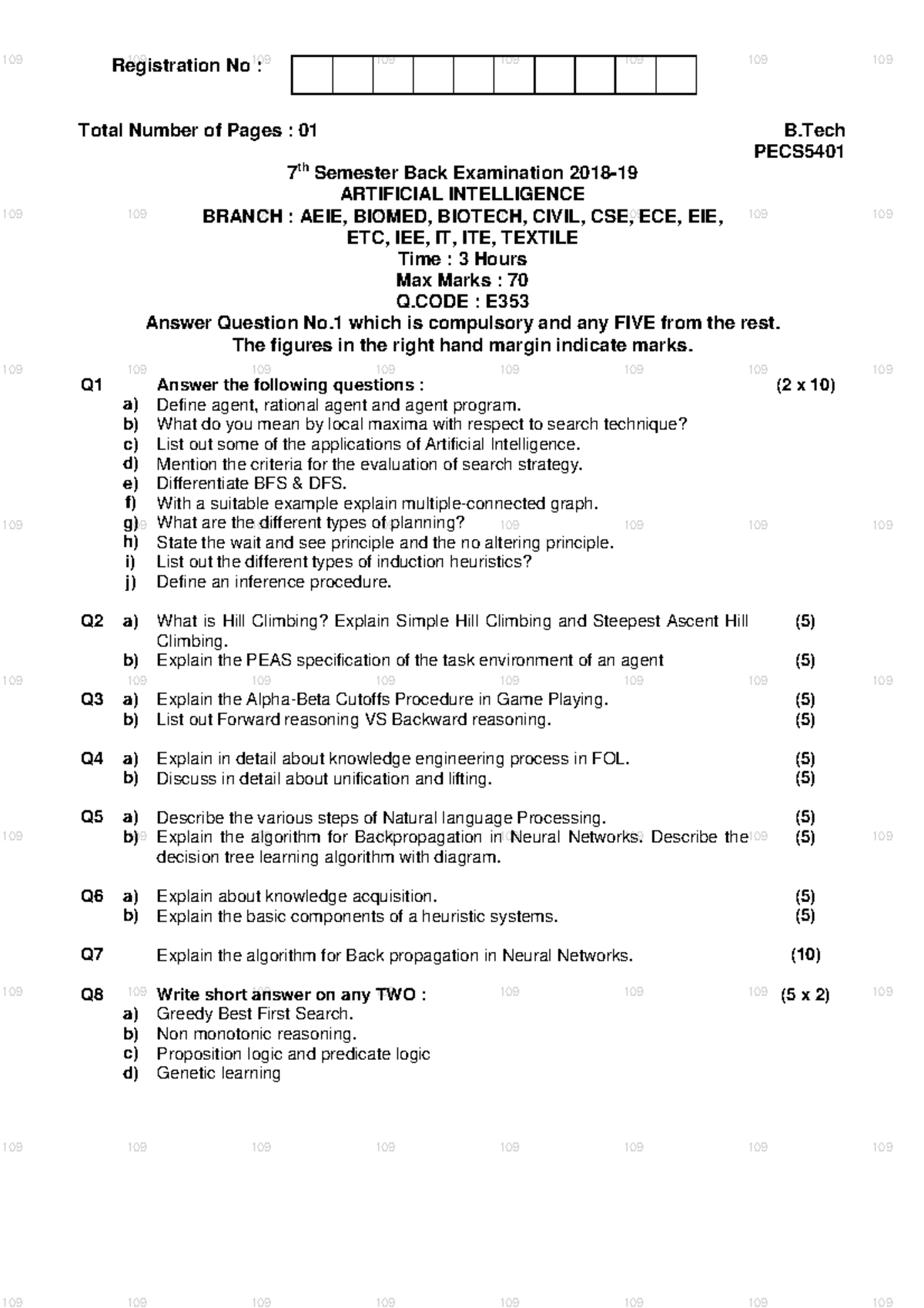 B.Tech PECS5401 7th Sem Back Exam: AI Questions 2018-19 - Studocu