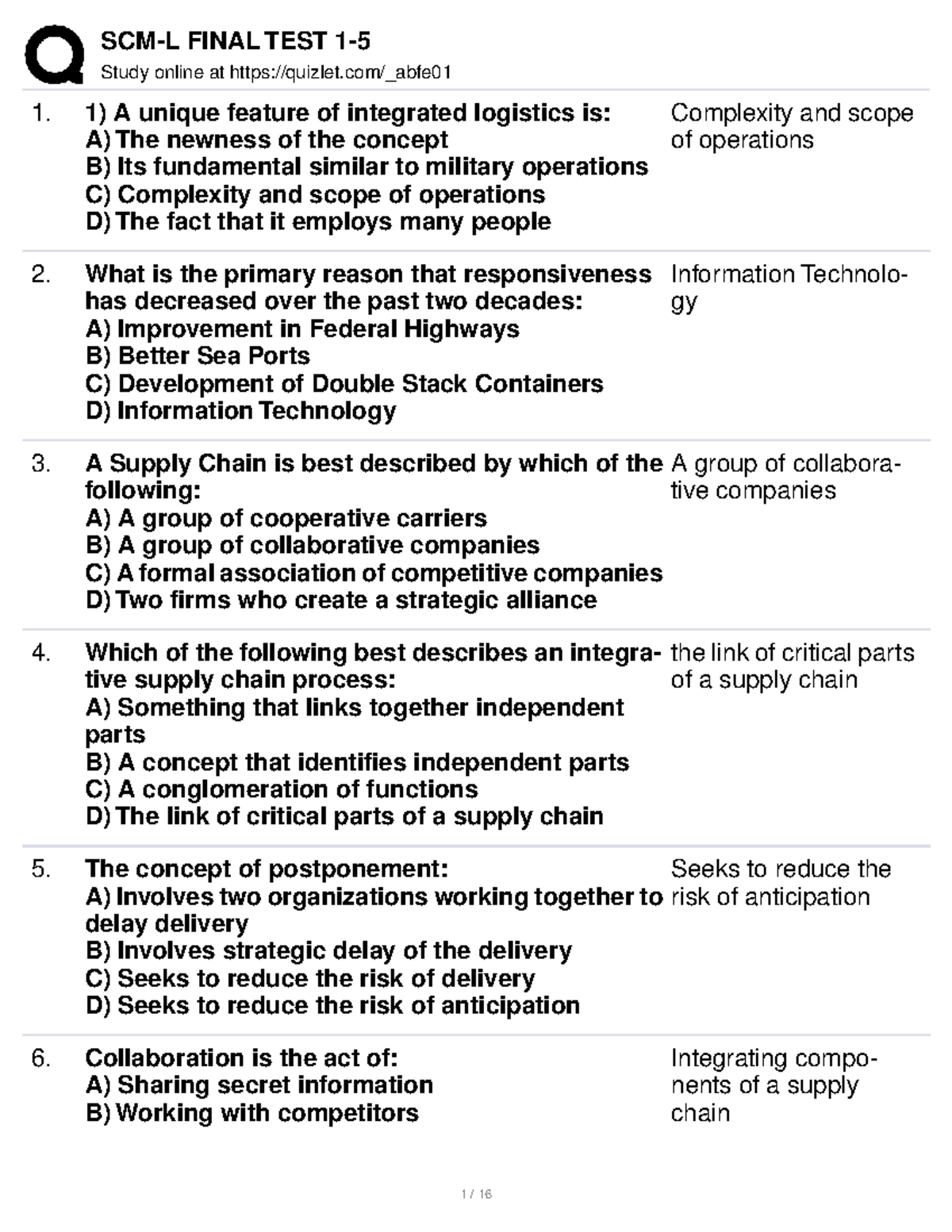 FINAL TEST Study Guide for Supply Chain Logistics Management (740144689 ...