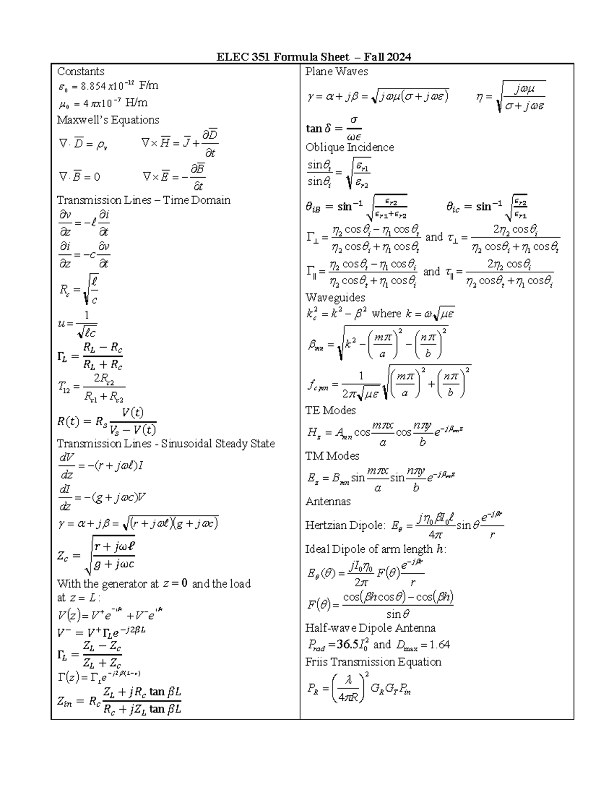 ELEC 351 Formula Sheet: Constants & Equations for Fall 2024 - Studocu