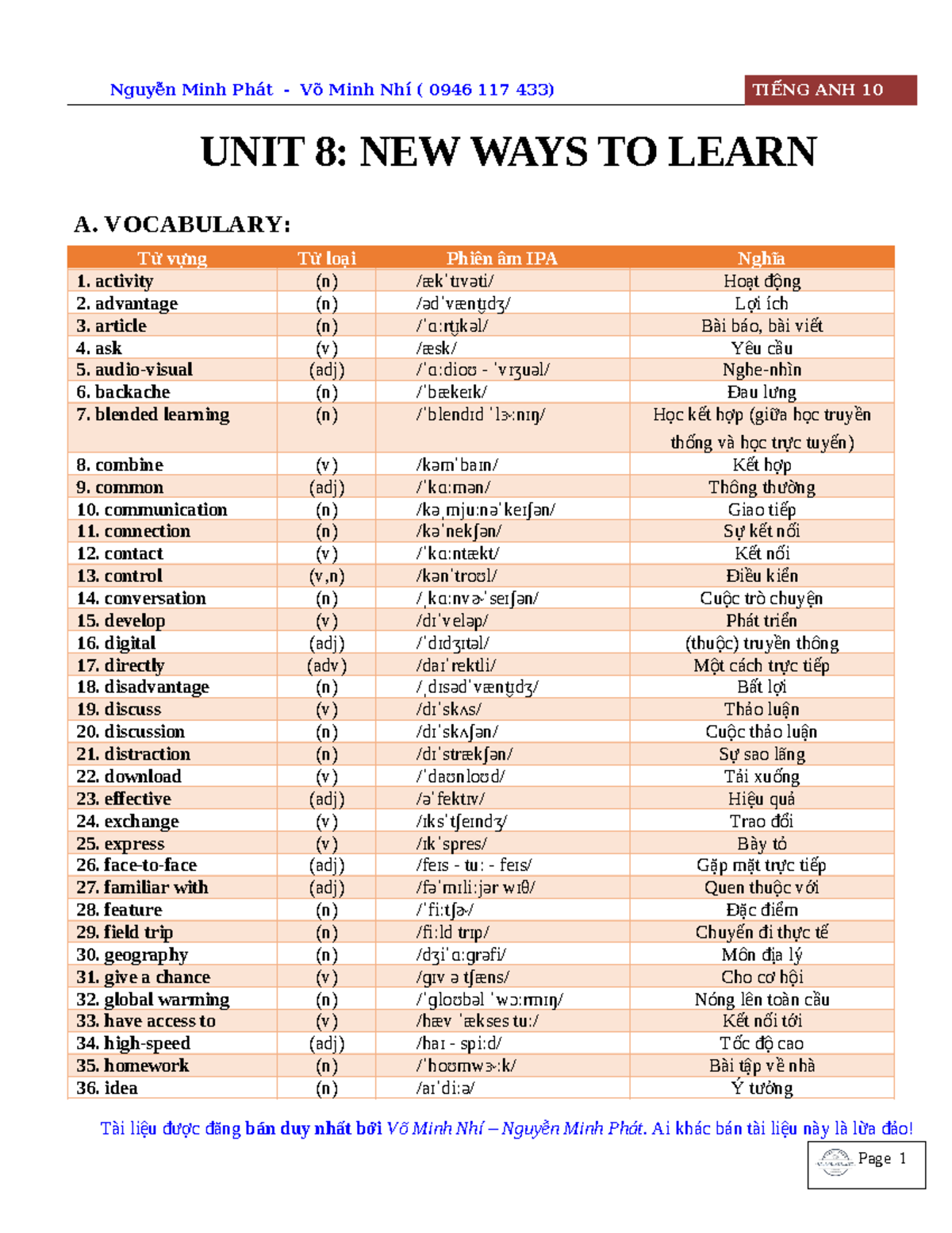 Bài tập bổ trợ Anh 10 Global: Unit 8 - New Ways to Learn (Có file nghe ...