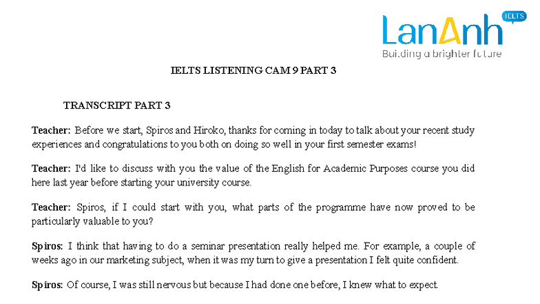 IELTS Listening CAM 9 Part 3 Transcript Analysis - Studocu
