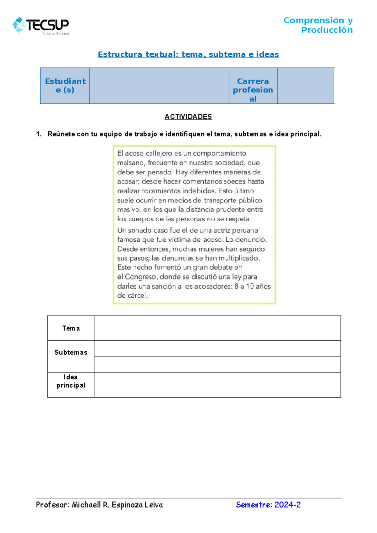 Semana 02 - Estructura textual, tema, subtemas e ideas - Comprension y ...