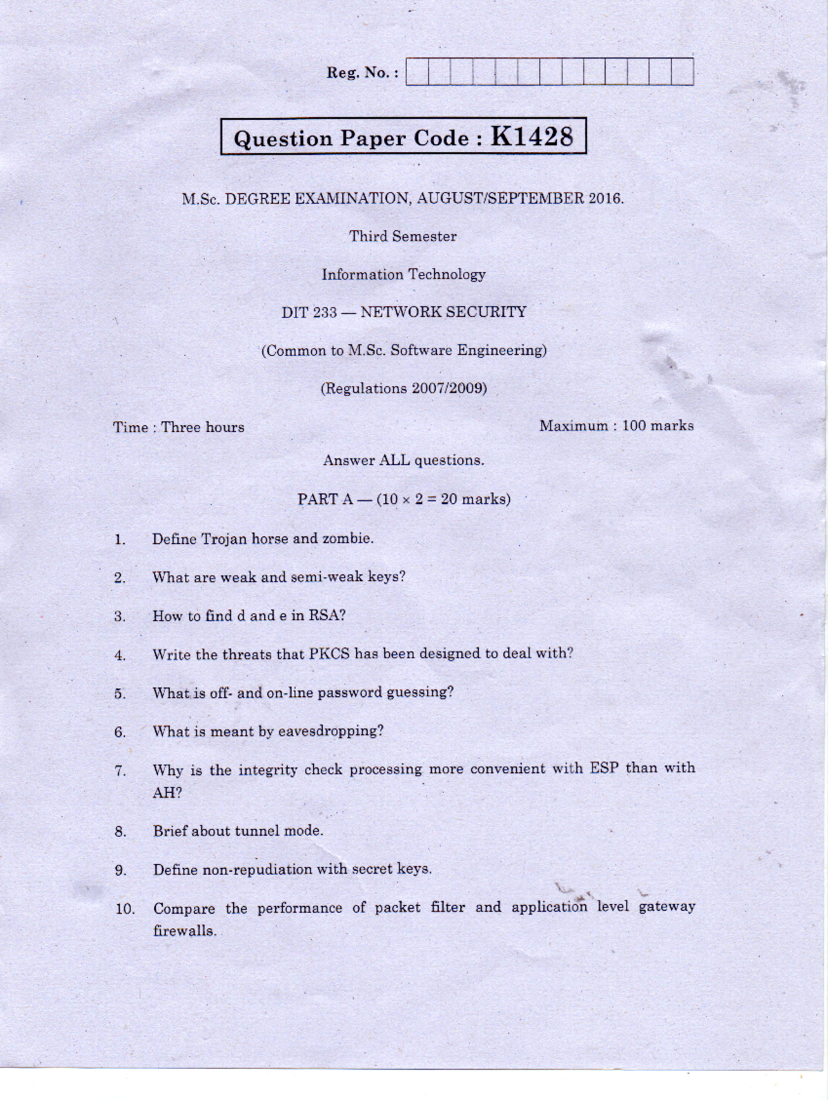 M.Sc. DIT 233 Network Security - Question Paper Compilation (2010-2016 ...