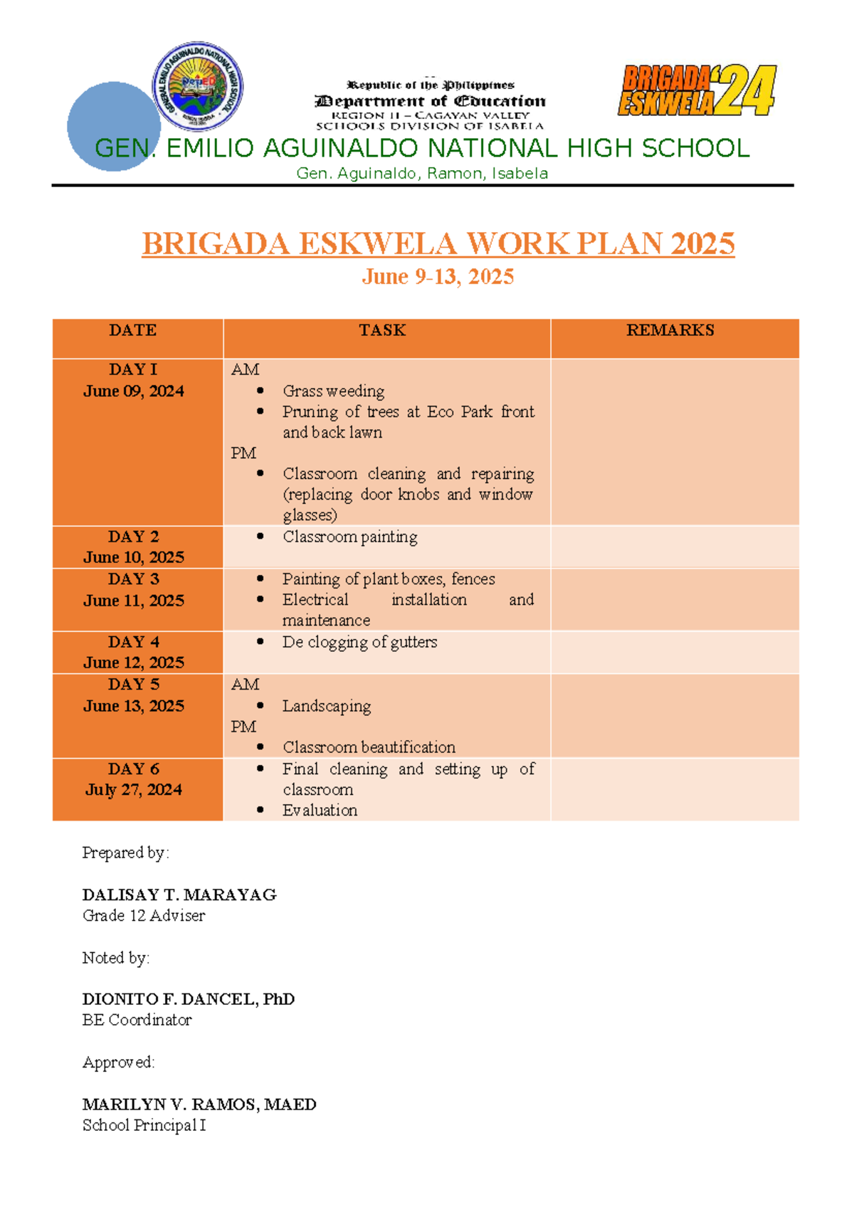 GEN. EMILIO AGUINALDO NHS Brigada Eskwela Work Plan 2025 - Studocu