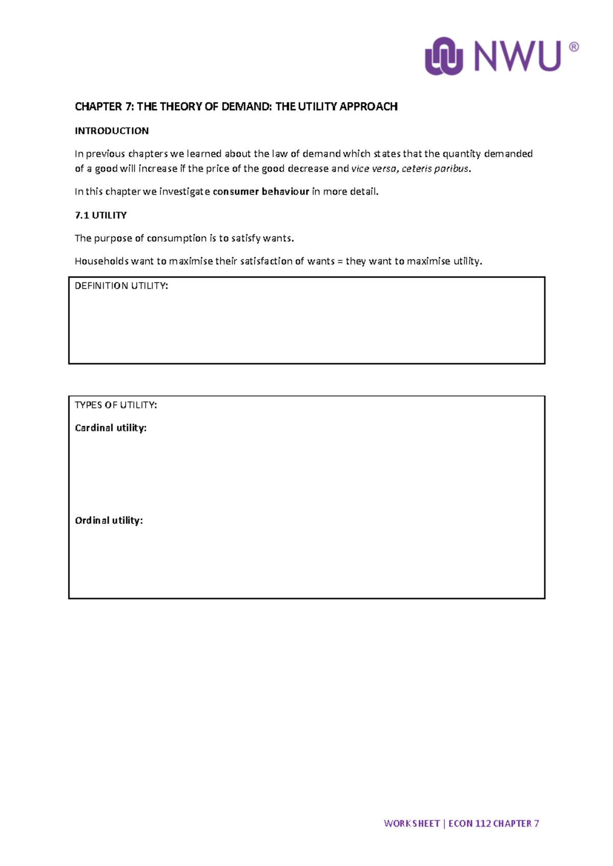 Chapter 7 (ECO101) - Lecture Notes on Utility Theory and Demand - Studocu