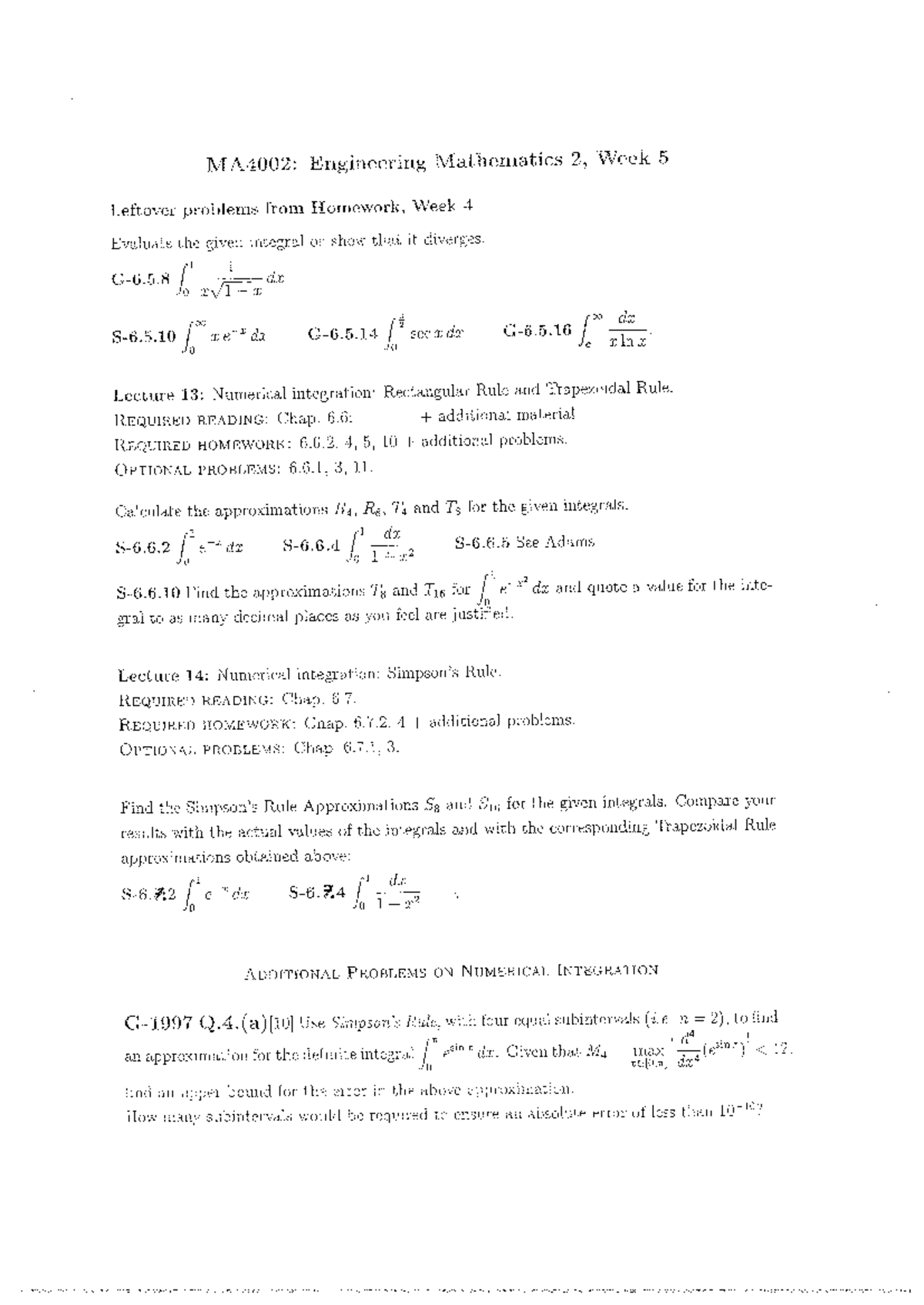 MA4002: Engineering Mathematics 2, Week 5 Numerical Integration ...