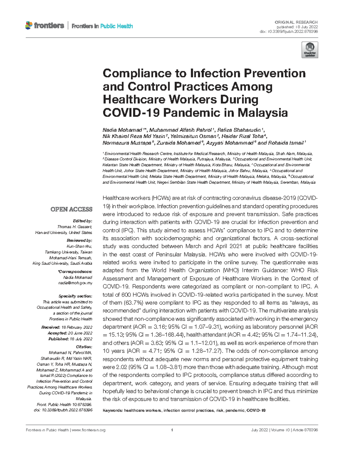 Compliance to Infection Prevention and Control Practices Among HCWs in ...