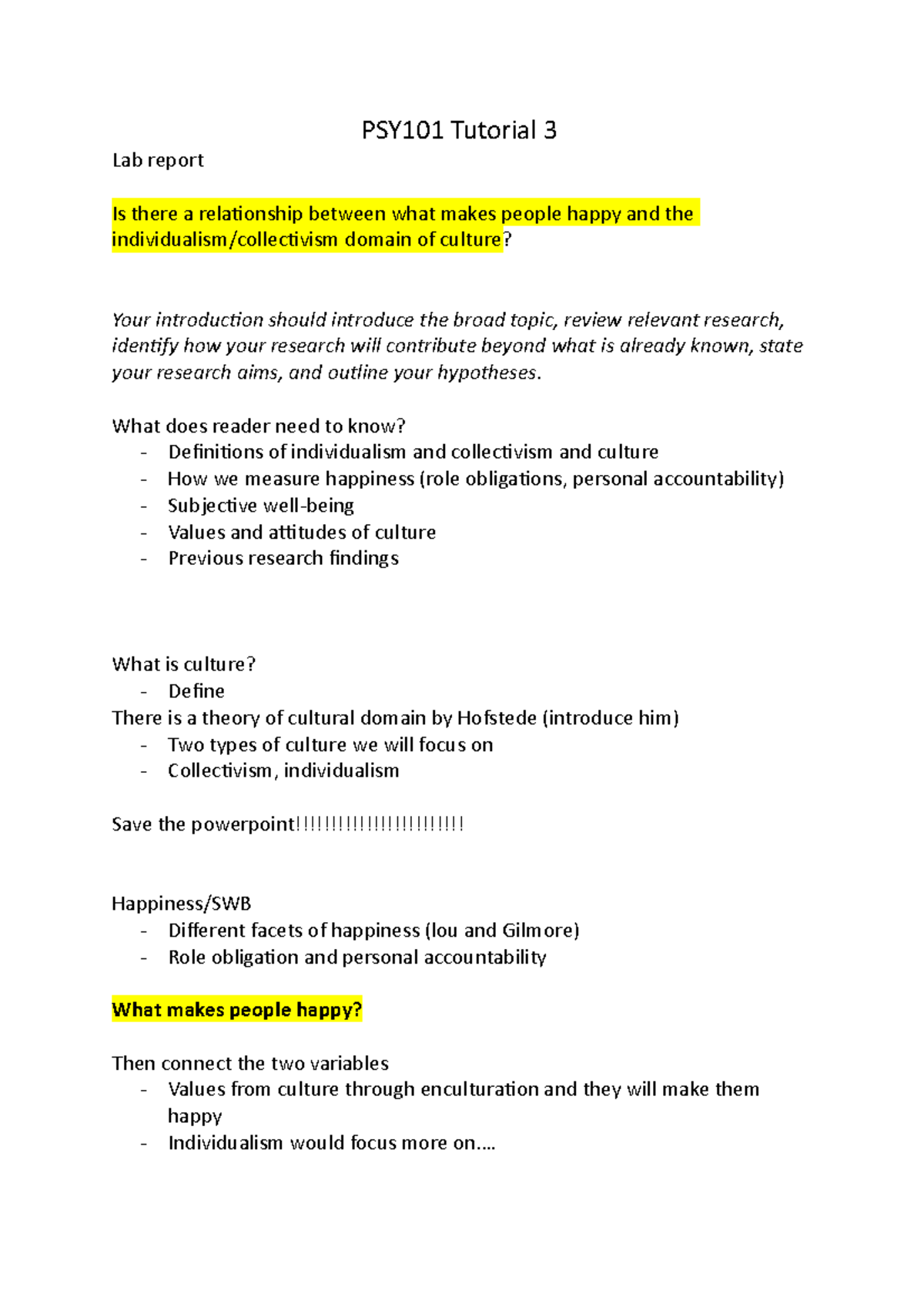 PSY101 Tutorial 3 - What does reader need to know? - Definitions of ...