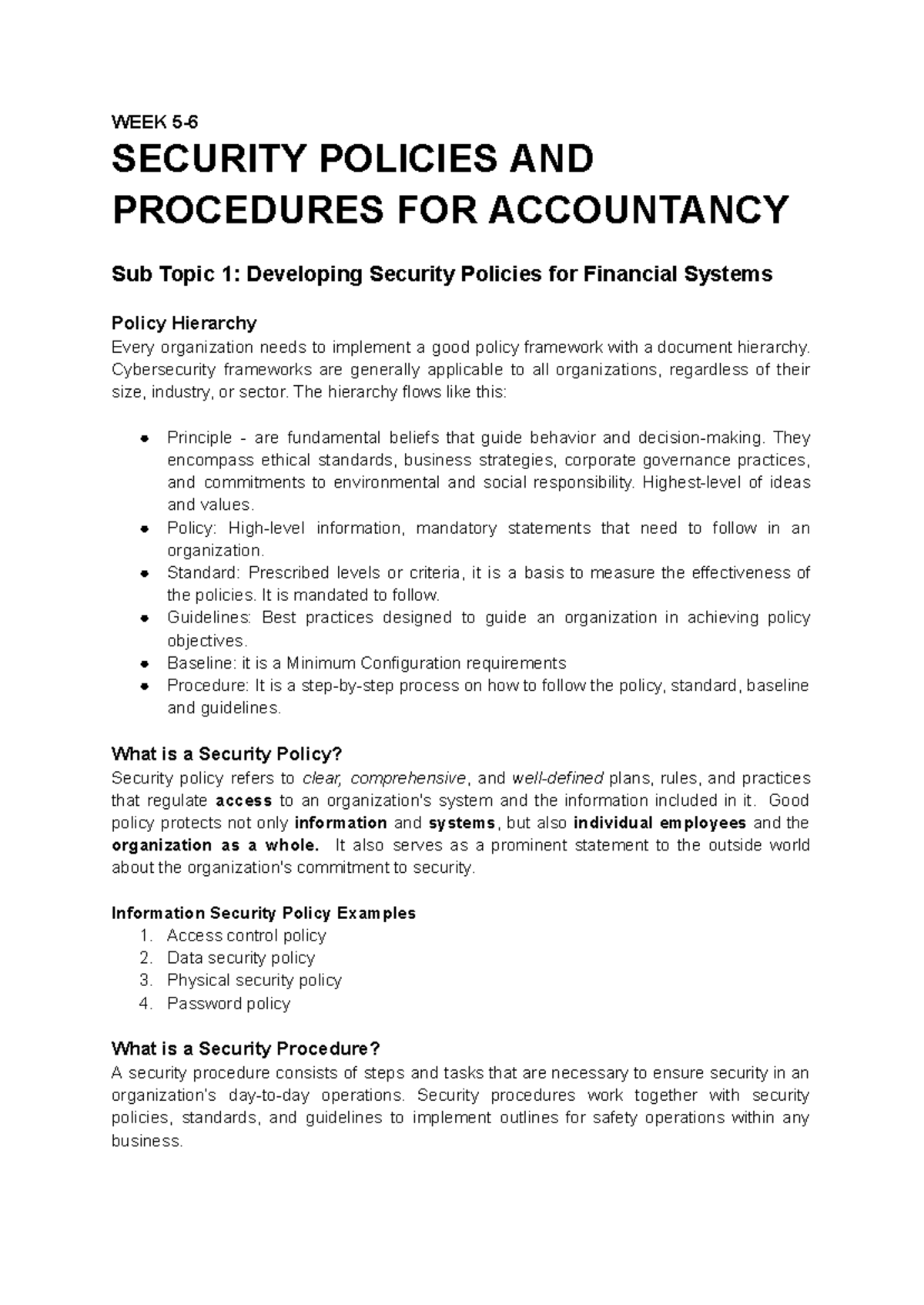 Security Policies & Procedures for Accounting (Course Code: ACC101 ...