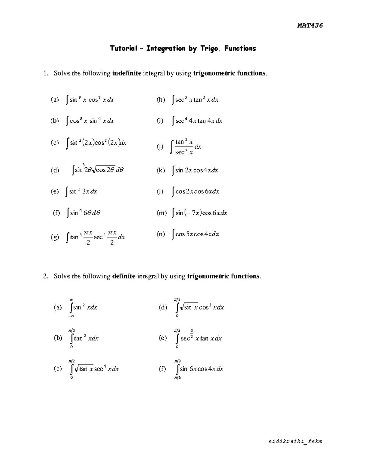 MAT436 Tutorial: Integration of Trigonometric Functions - Studocu