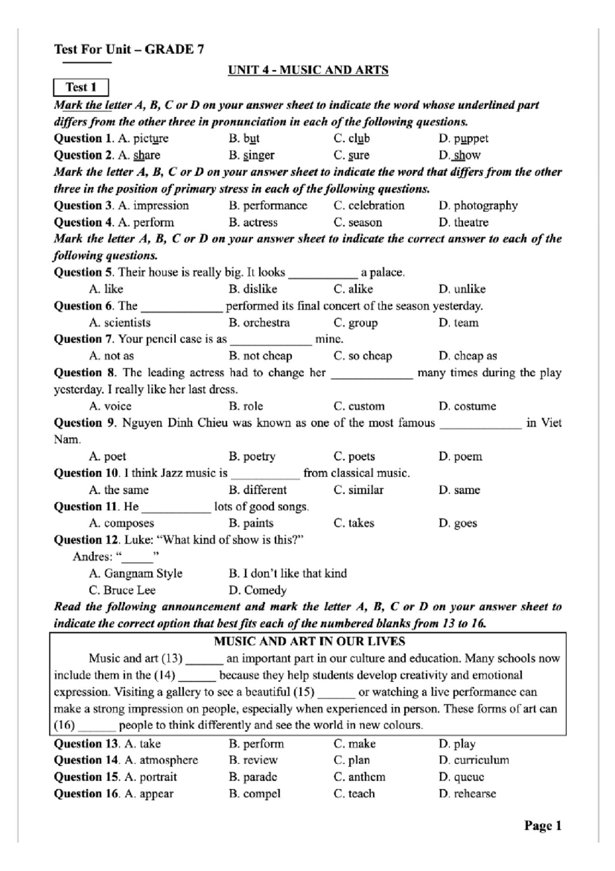 UNIT 4 - TEST 1 - GRADE 7 MUSIC AND ARTS Exam Questions - Studocu