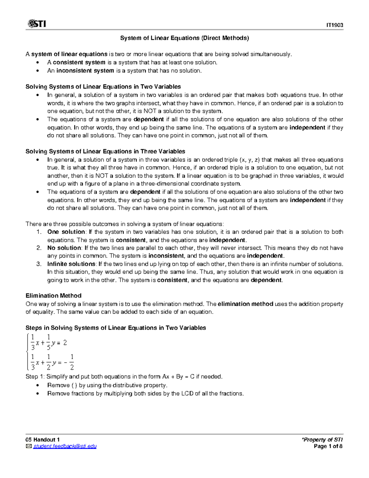 IT1903 Final Exam Notes on Systems of Linear Equations - Studocu