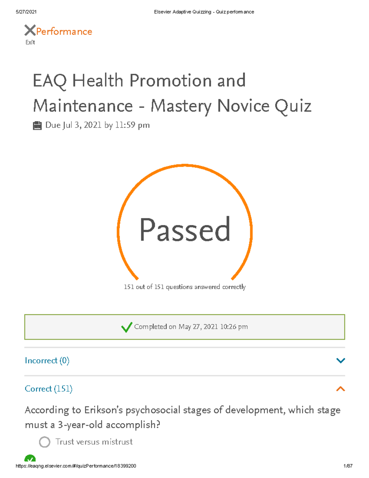 Novice EAQ Quiz on Health Promotion & Maintenance 151 - Mastery ...