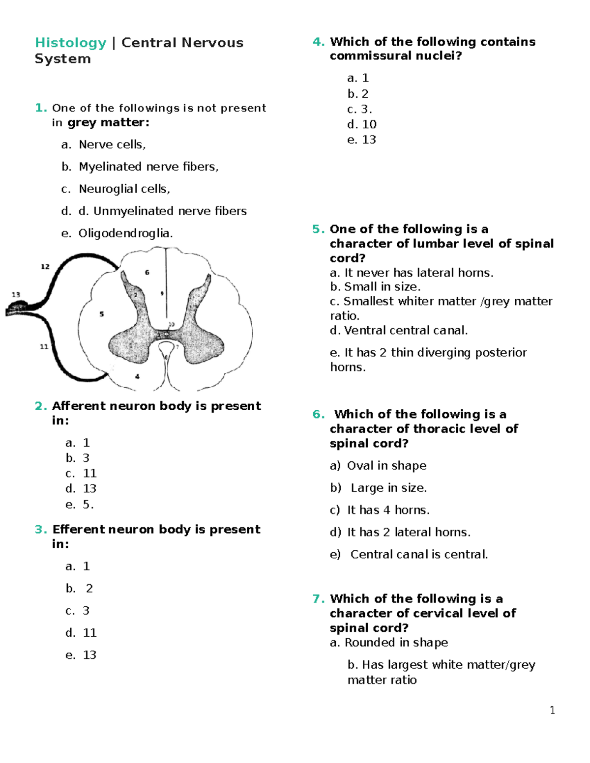 Histology MCQs for Central Nervous System Study Guide - Studocu