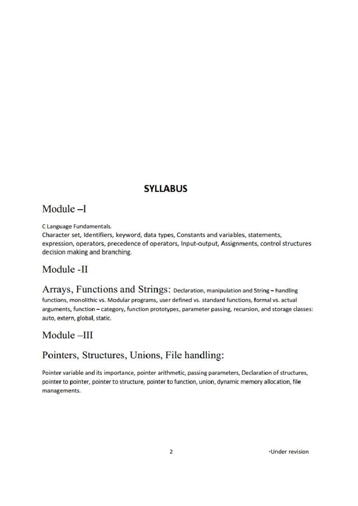 C Programming Fundamentals: Syllabus and Lecture Notes (Module C) - Studocu
