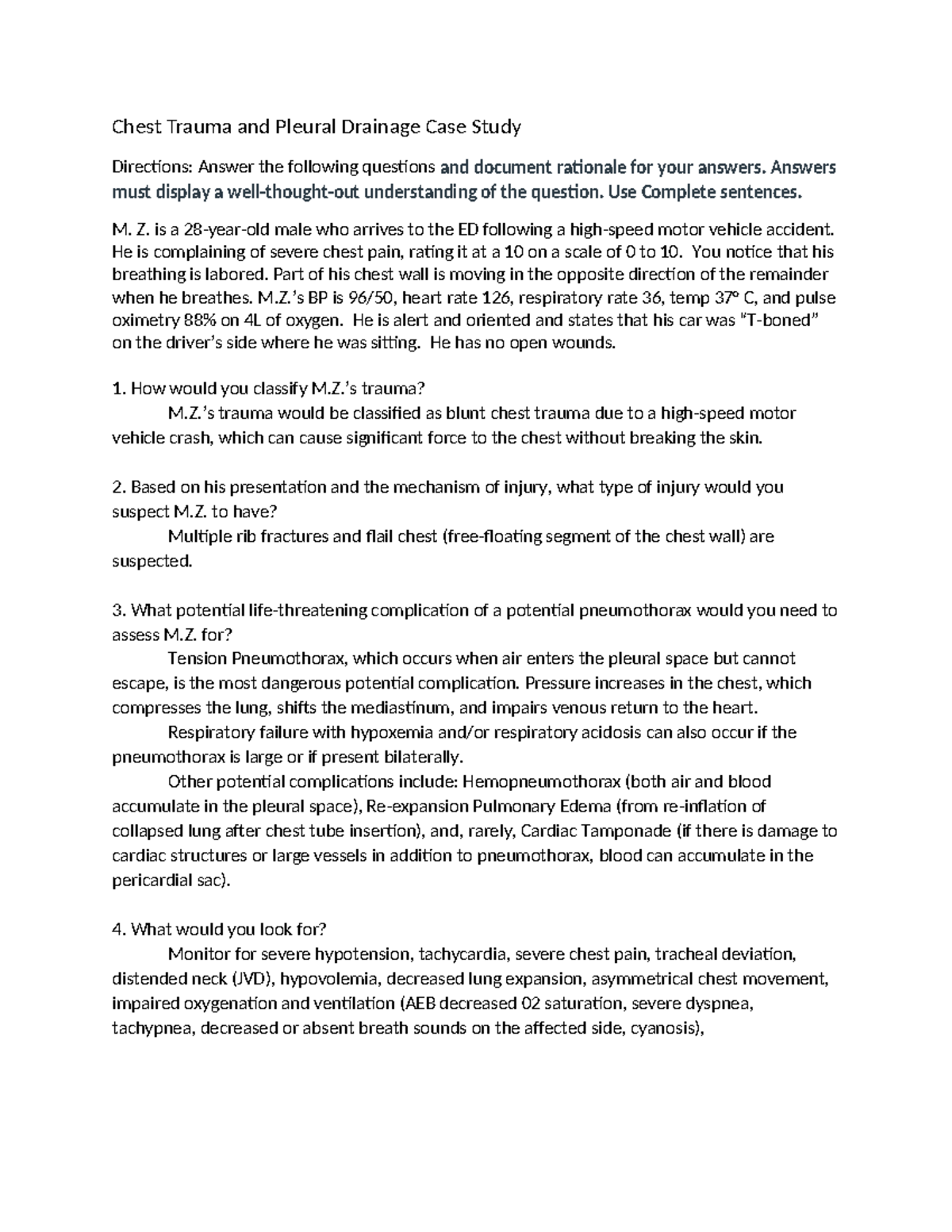 Chest Trauma and Pleural Drainage Case Study (NUR 301) - Studocu