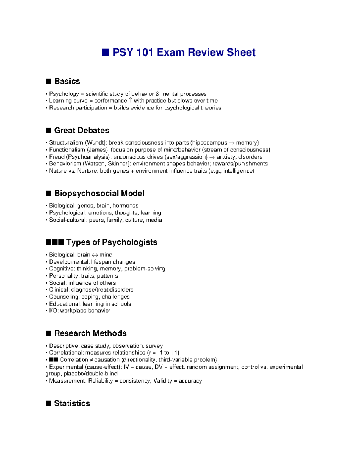 PSY 101 Final Exam Review: Key Concepts in Psychology - Studocu