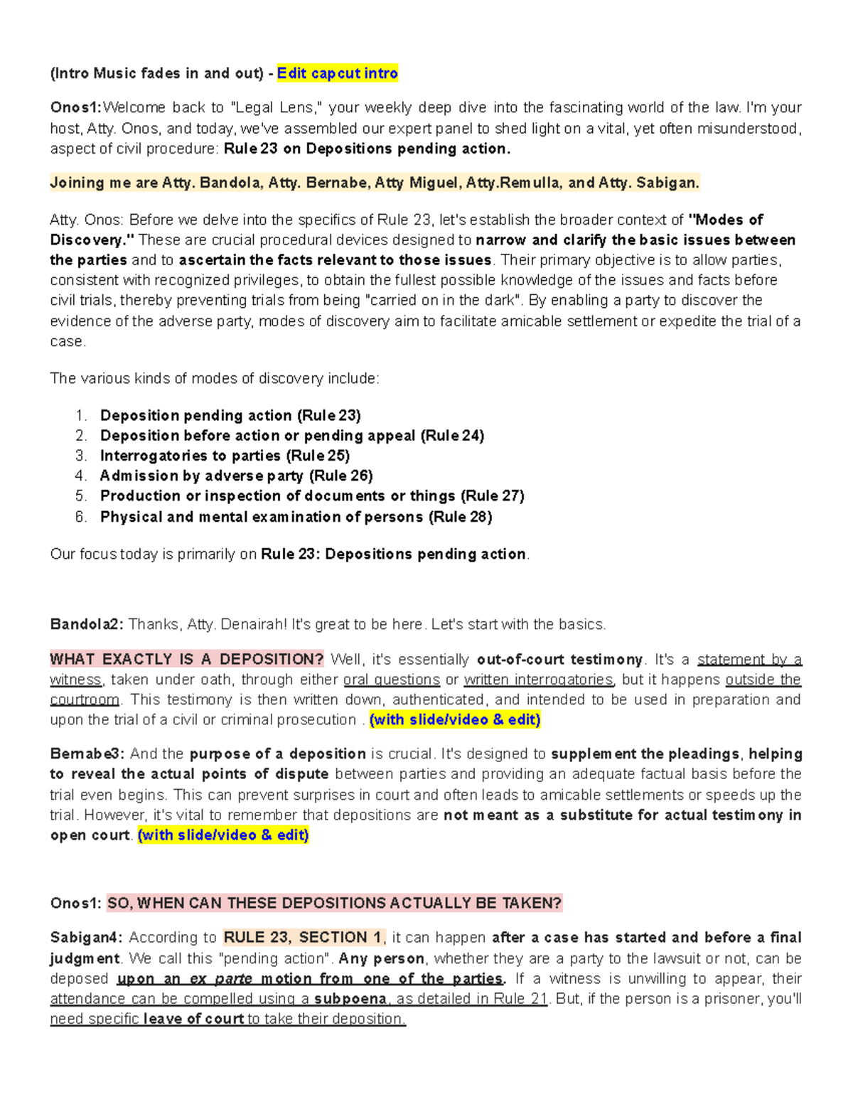CIV PRO 23: Insights on Depositions Pending Action - Group 1 Report ...