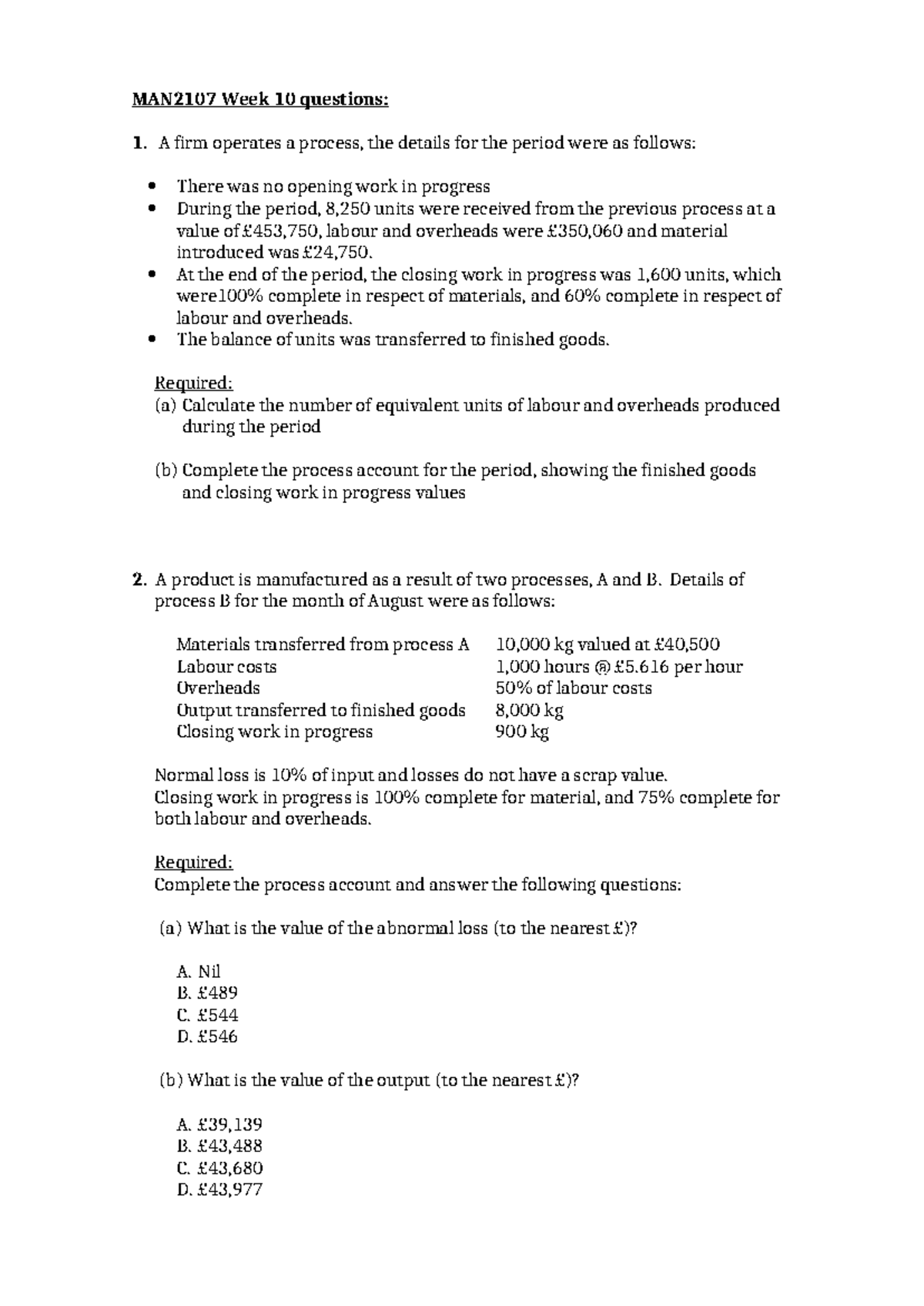 MAN2107 Week 10 Process and Equivalent Units Analysis Questions - Studocu