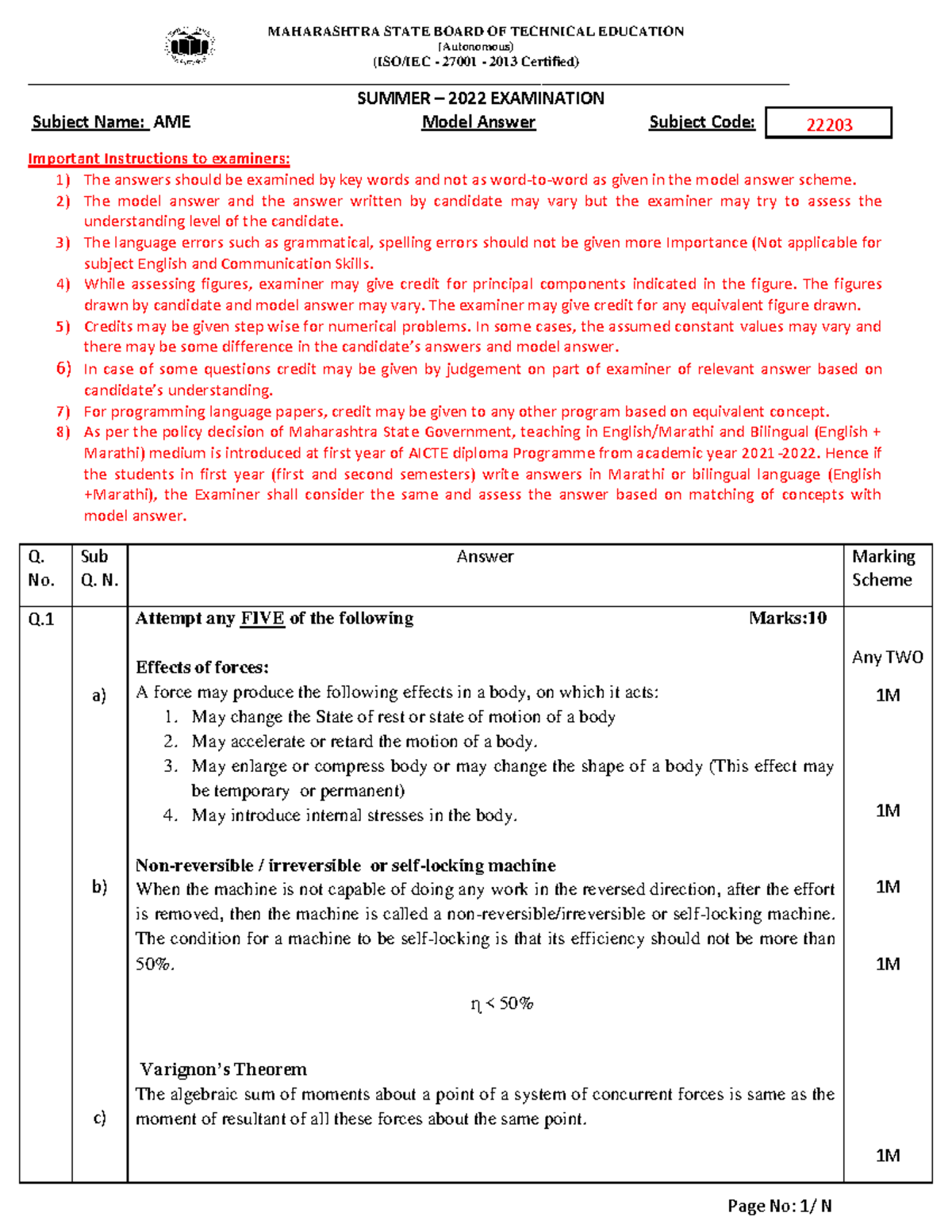 MAE 27001 Summer 2022 Exam Model Answer Key - Studocu
