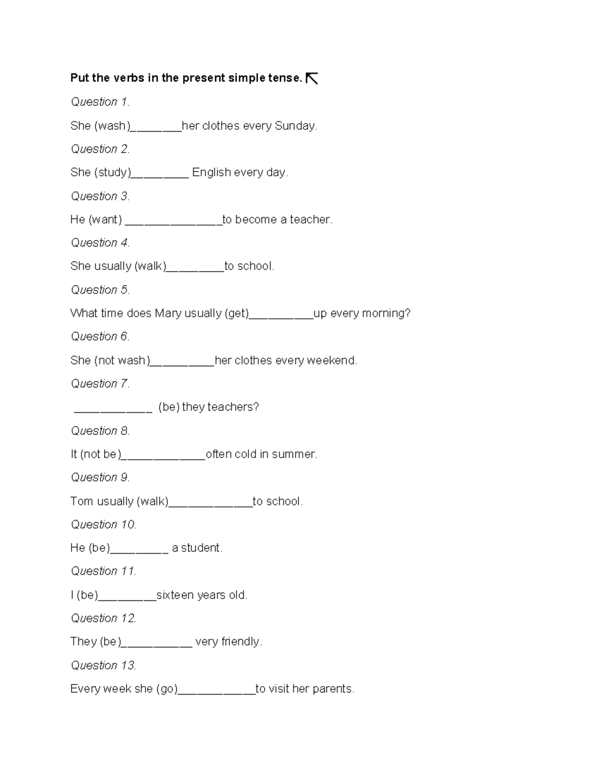 Present Simple Tense Practice Questions for ESL Students - Studocu